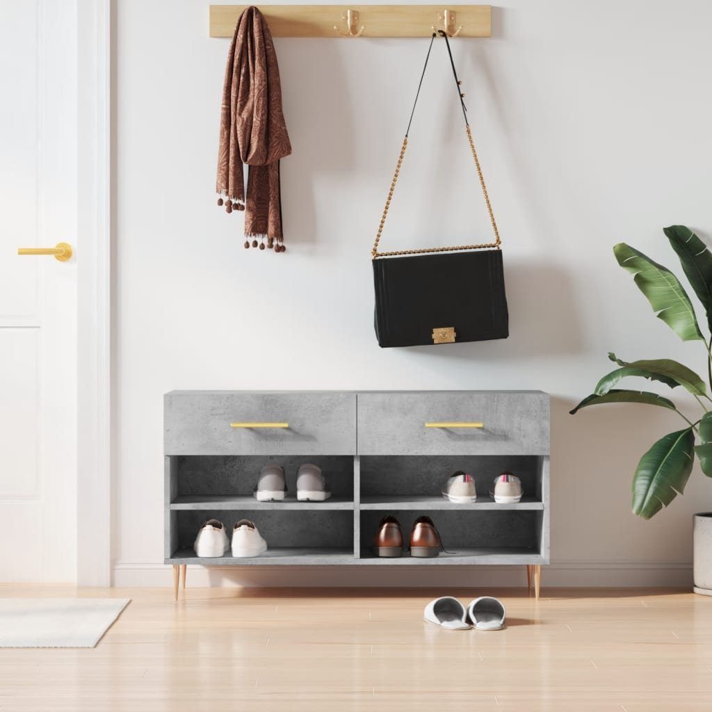 furnicato Schuhbank Betongrau 102 x 35 x 55 cm aus Holzwerkstoff und Eisen (1-St), Stabile Sitzbank mit 2 Schubladen, 4 Fächern und Wandhalterung