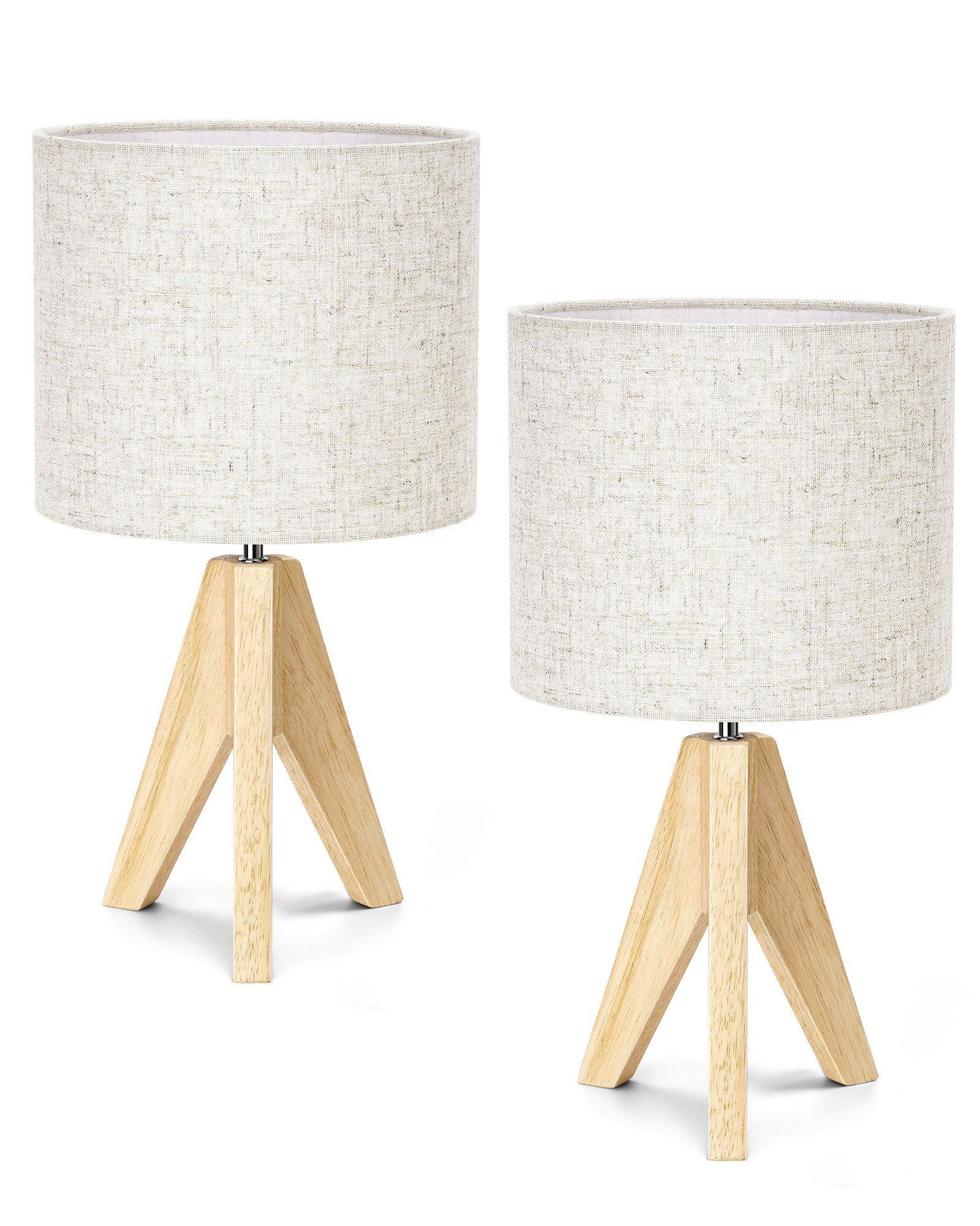 EDISHINE Nachttischlampe Holz, LED wechselbar, warmweiß, Tischlampe mit Leinenlampenschirm