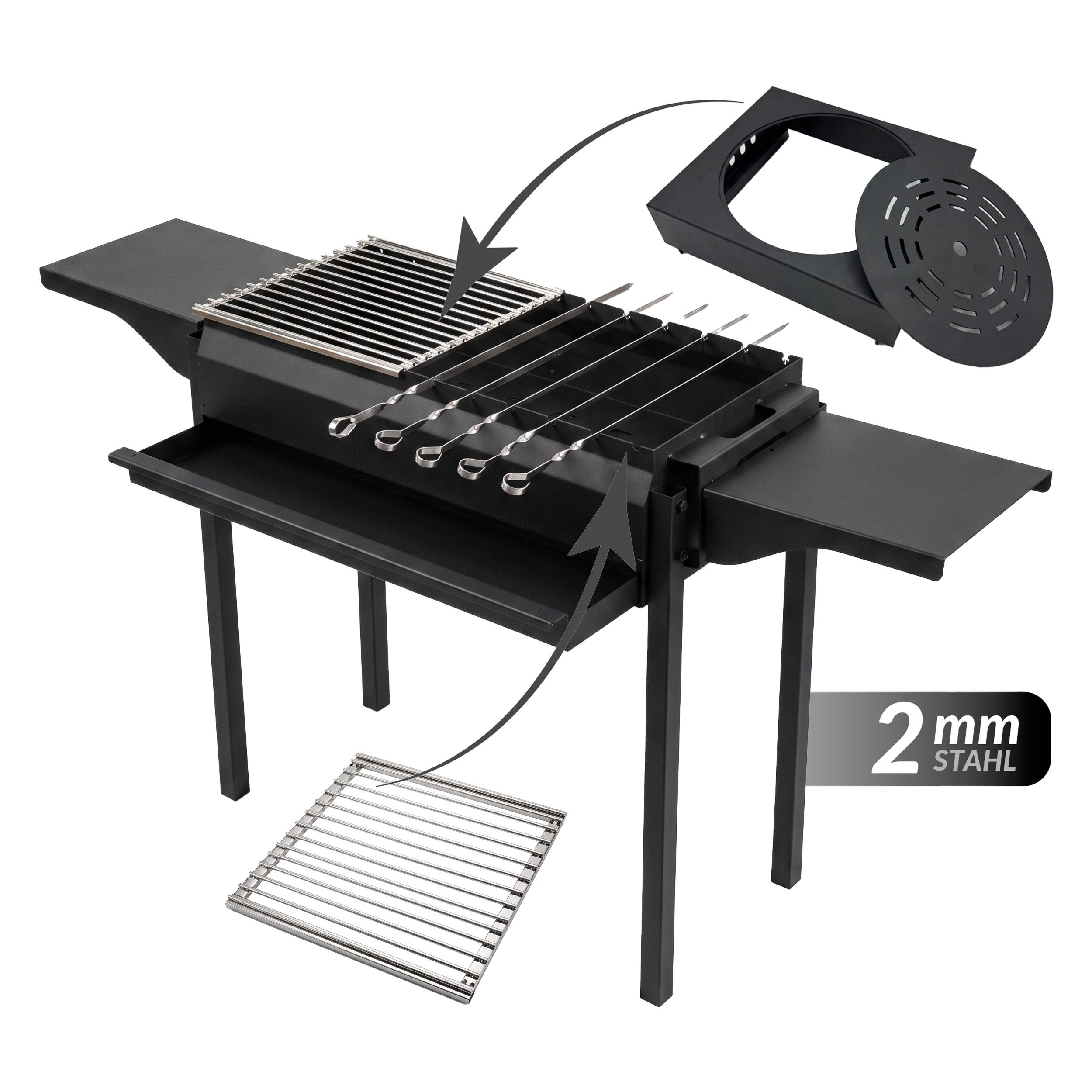 KVOTA Holzkohlegrill PROFI 2 mm Stahl, 2 Grillroste, Ofenaufsatz, Ascheschublade, 140 cm