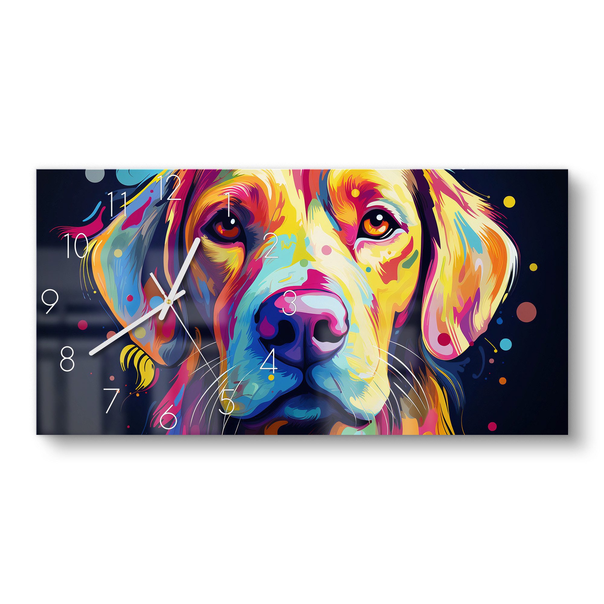 DEQOART Wanduhr 'Bunter Hundeblick' (Glas Glasuhr modern Wand Uhr Design Küchenuhr)