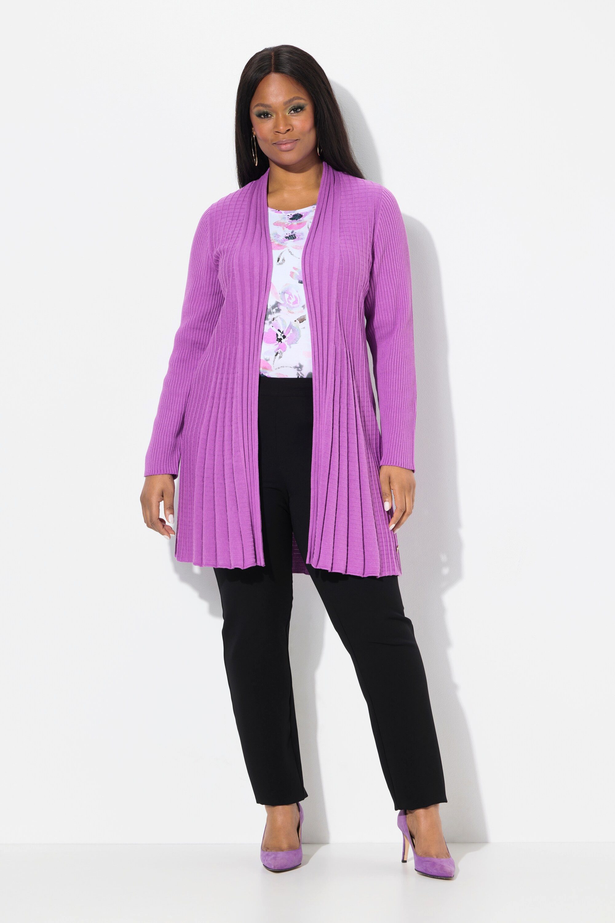 Ulla Popken Strickjacke Plissee-Strickjacke A-Linie Schalkragen Langarm