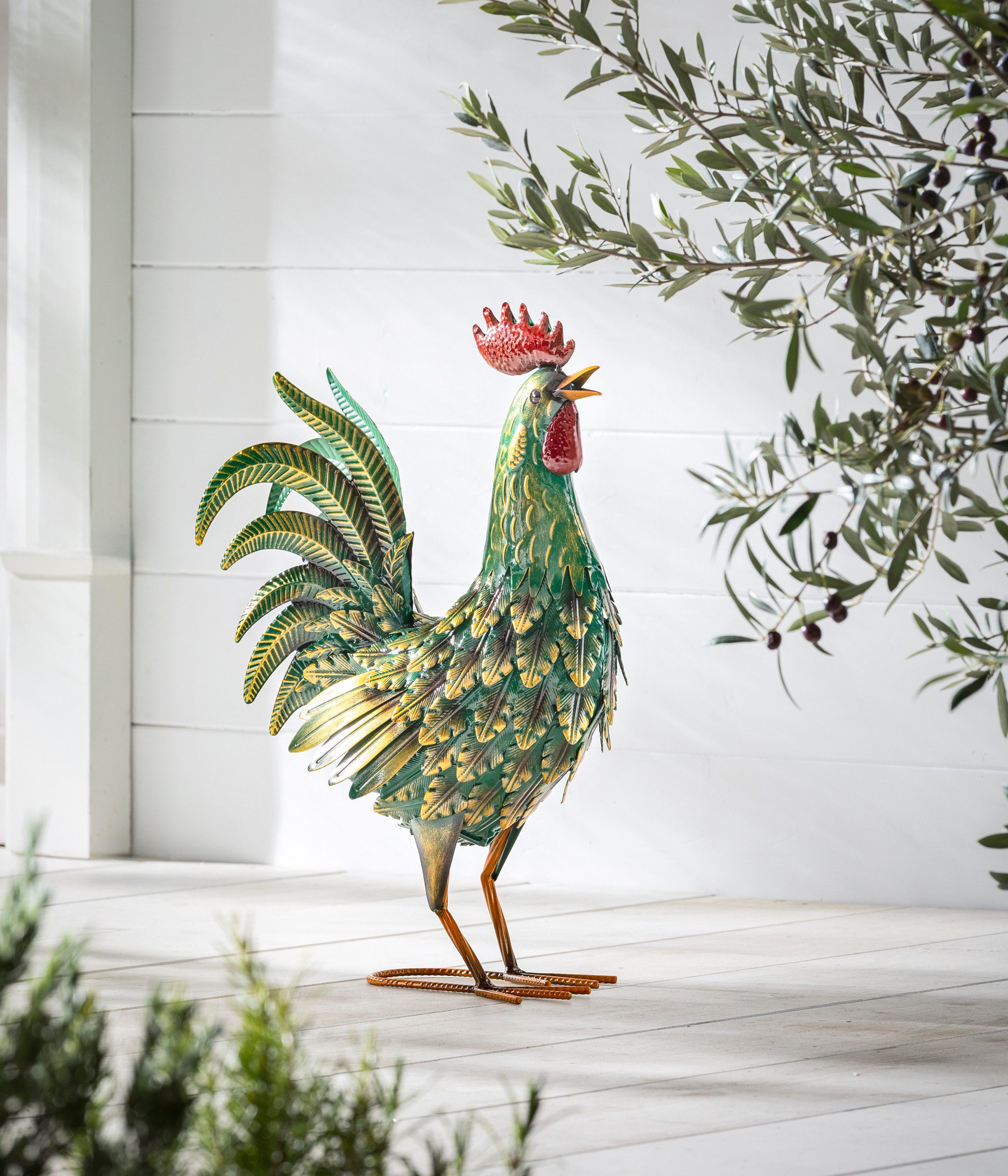 Dehner Gartenfigur Dekofigur Hahn / Huhn, handgefertigt, Eisen, grün / gelb, kunstvolle detaillierte Garten-Dekoration, frostbeständig