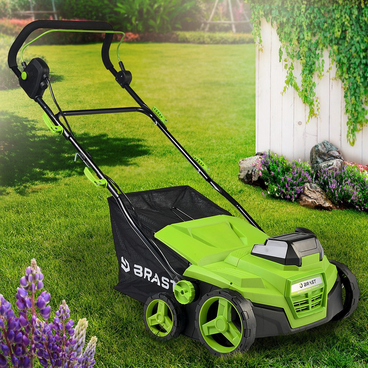 BRAST Akku-Vertikutierer / Lüfter 40V inkl. 2x 4,0Ah-Akkus, 2in1 Funktion, 38 cm Arbeitsbreite, (5-stufig einstellbare Arbeitstiefe), für Flächen bis 500 m²