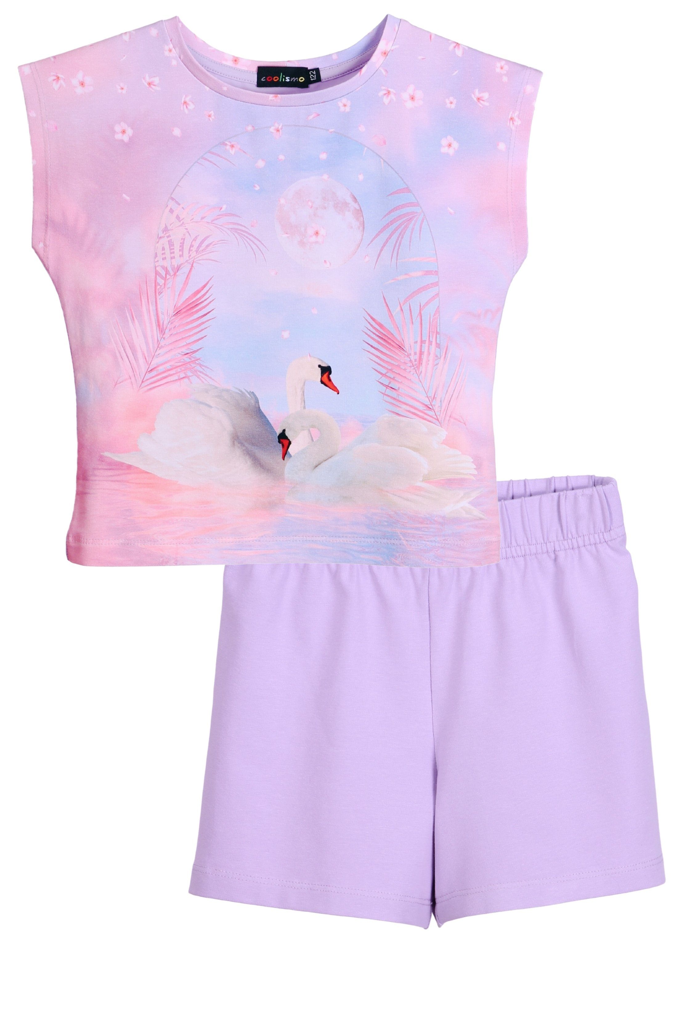 coolismo Shorty Mädchen Sommer Pyjama Schlafanzug mit Motivdruck niedliche Schwäne (SET, 2 tlg., 1 Stück) Baumwolle, Made in Europa