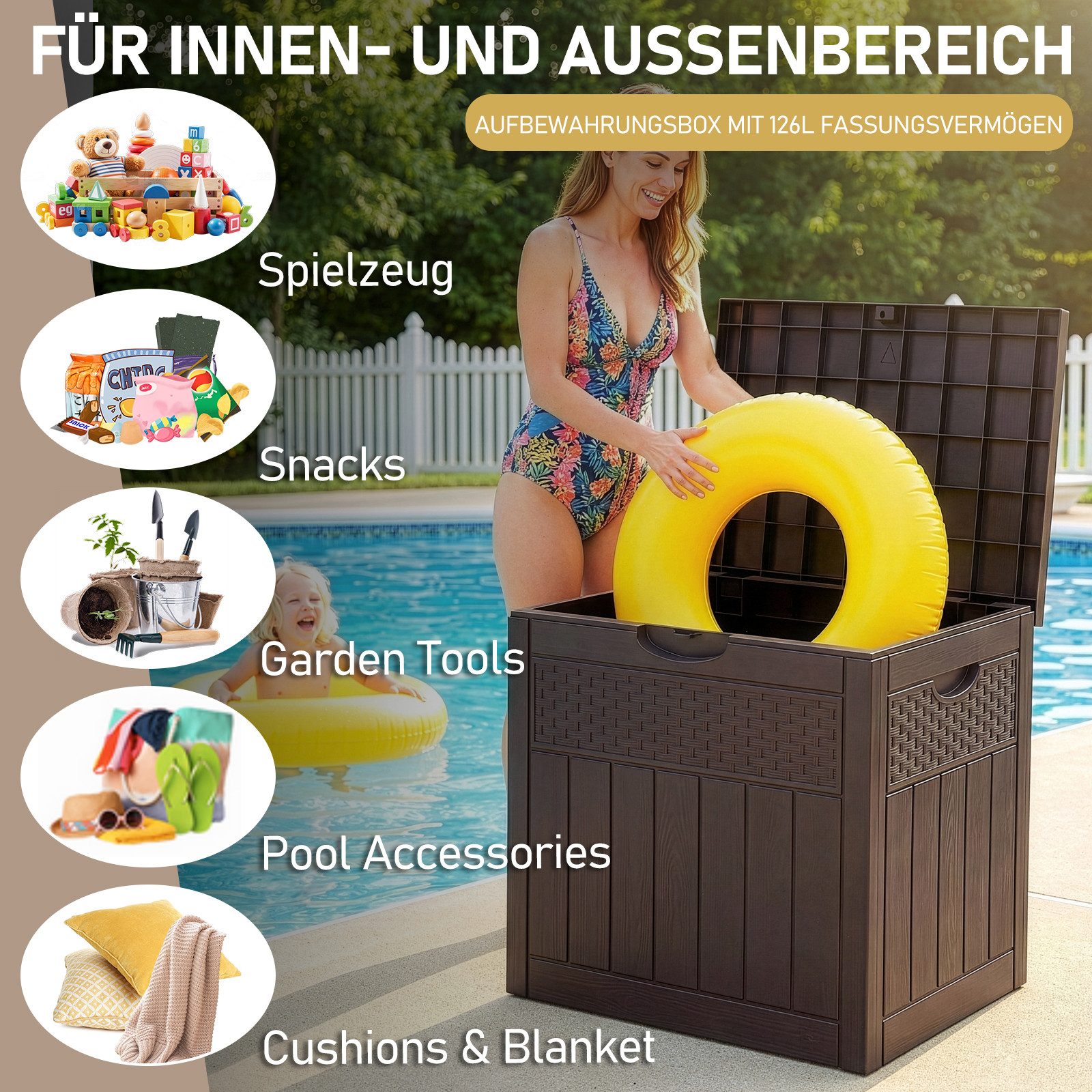 LALAHO Gartenbox Wasserdicht, 126L Kunststoff-Aufbewahrungsbox, für Garten, Terrasse, Balkon, 56x43x53 cm