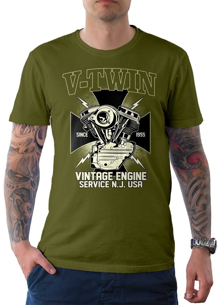 Rebel On Wheels T-Shirt Herren Motorrad Motiv Biker Tee Oliv mit / Engine Vintage T-Shirt