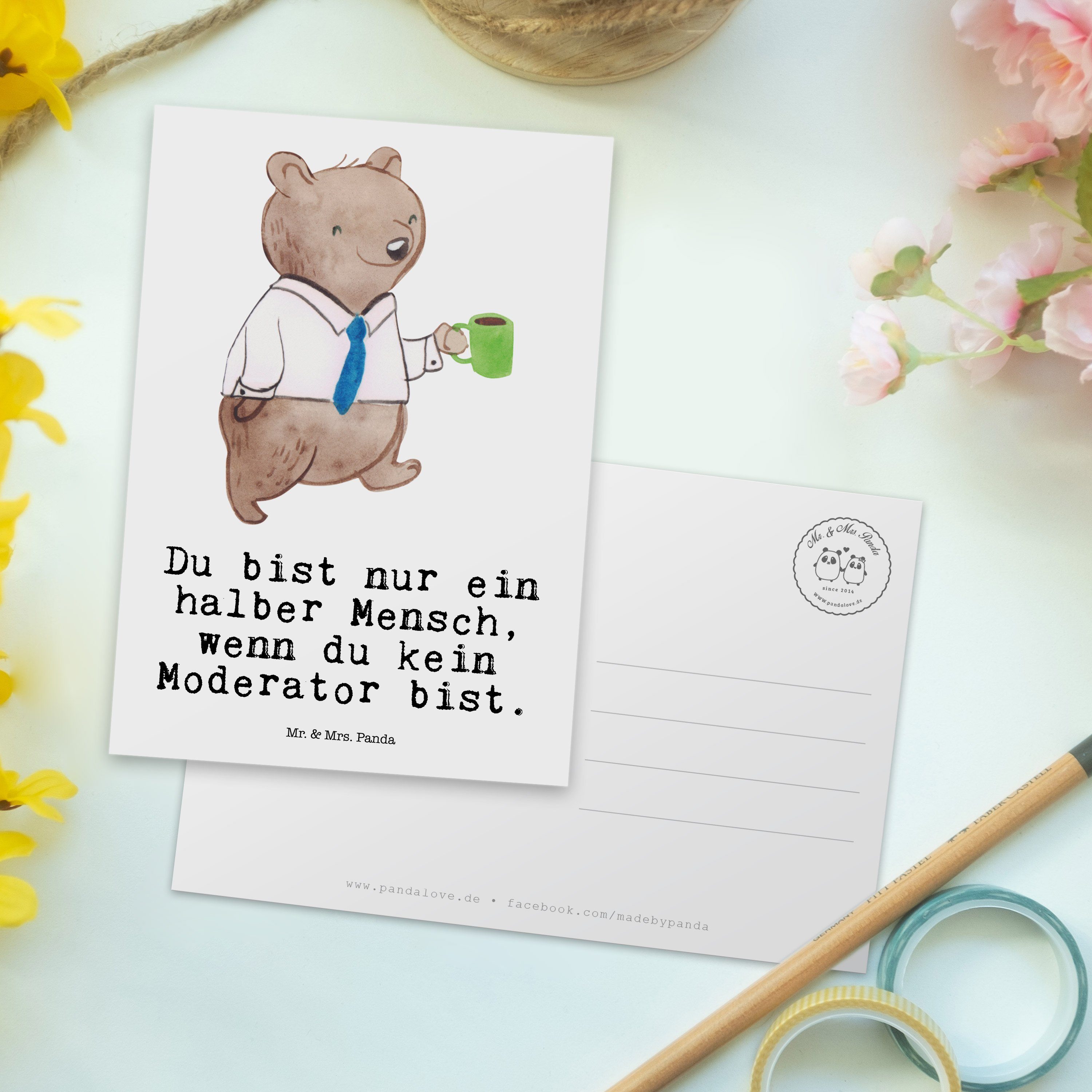 Postkarte Weiß Herz Panda Mrs. - Mr. Karte, Dankeschö Moderator Geschenkkarte, & Geschenk, mit -