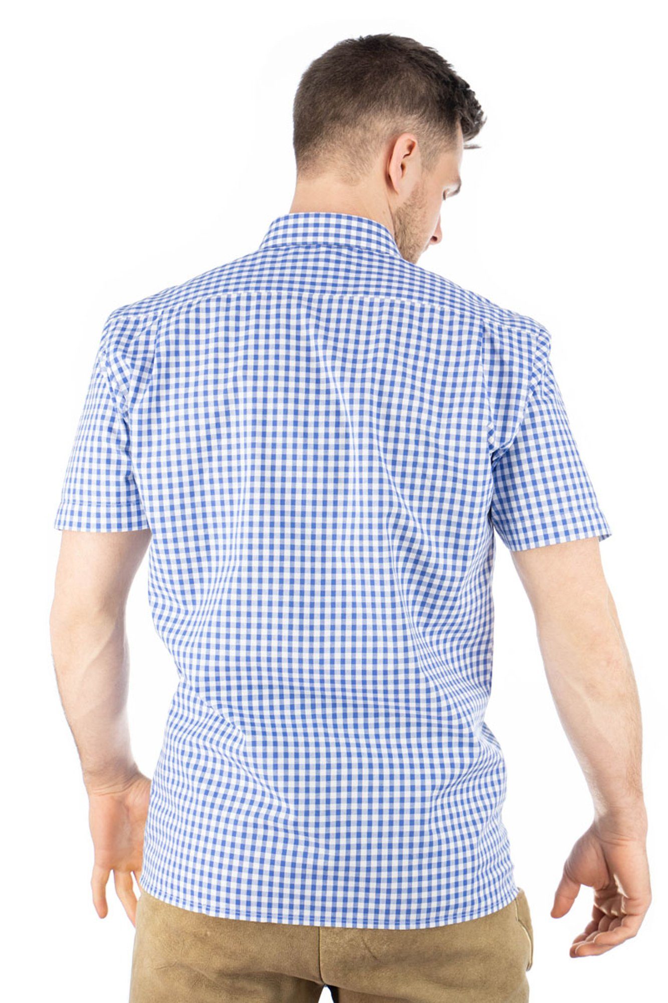 mit OS-Trachten Brusttasche mit aufgesetzter Trachtenhemd Kurzarmhemd mittelblau Hirsch-Stickerei Zihul
