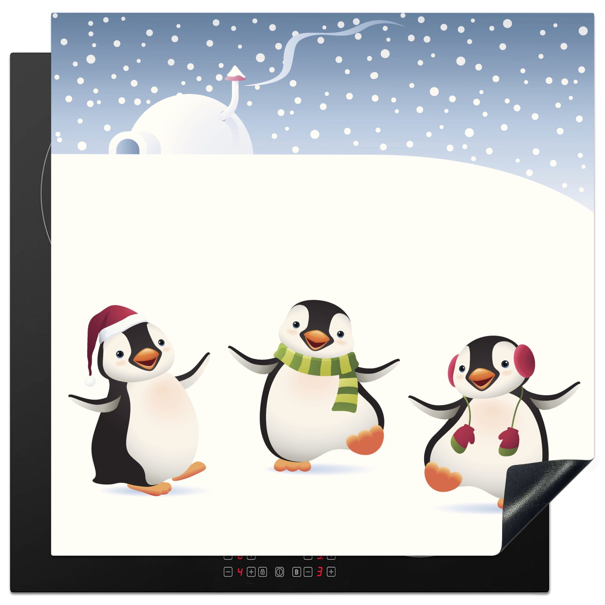 MuchoWow Herdblende-/Abdeckplatte Illustration mit drei im Schnee tanzenden Pinguinen, Vinyl, (1 tlg), 78x78 cm, Ceranfeldabdeckung, Arbeitsplatte für küche
