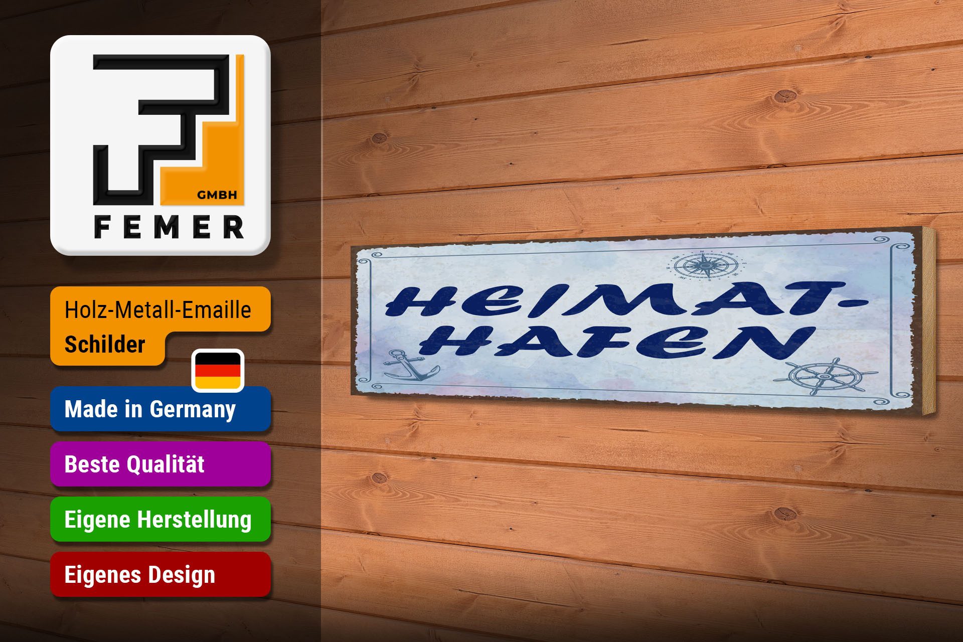 Femer GmbH Holzbild Spruch 46x10 cm Heimathafen blaues, (1 St), Glatte Holzfaserplatte (MDF), vorn beschichtet