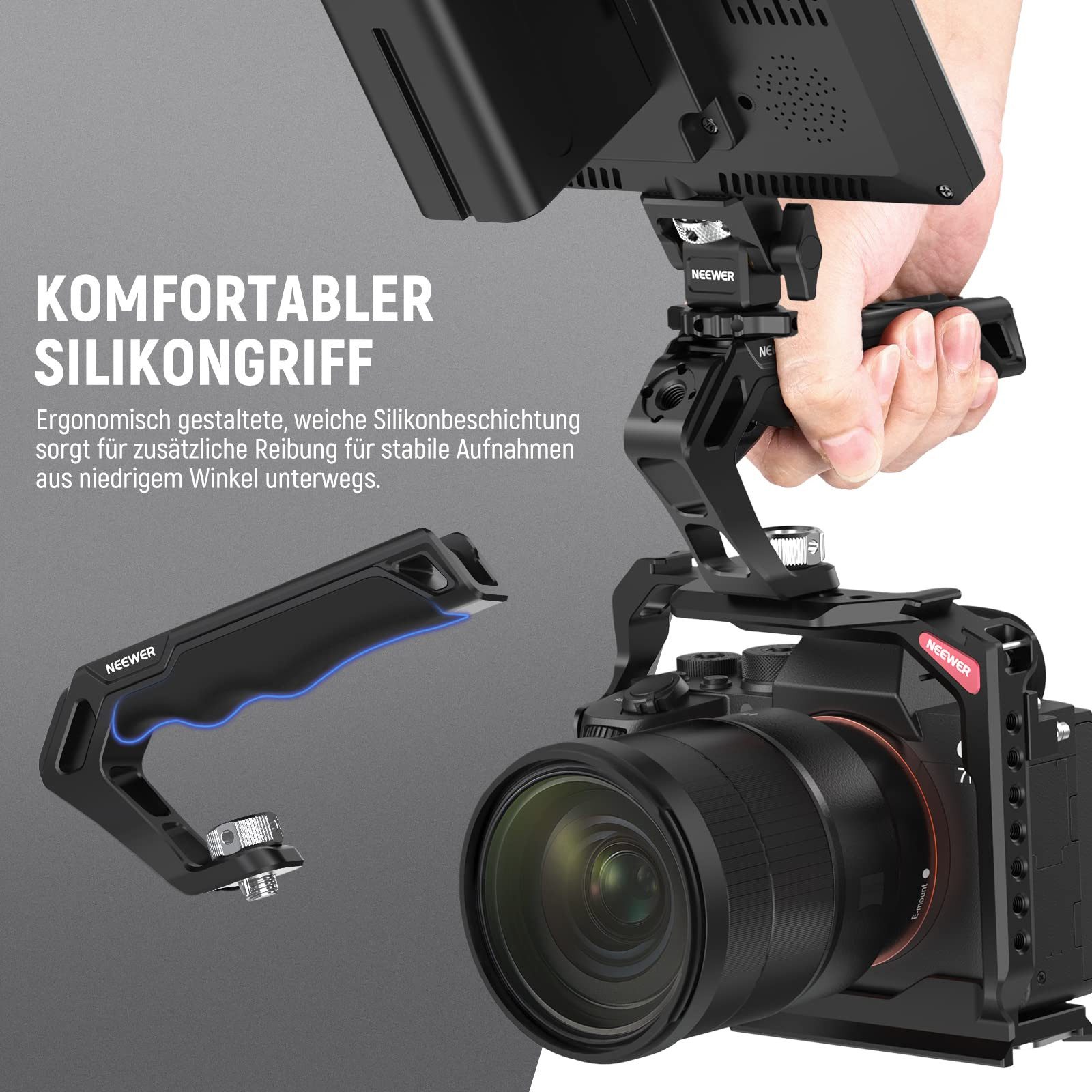 Neewer Kamerahalterung CA007 Top Handle Oberer Kameragriff mit 3/8" ARRI Locating Schraube, (Packung, Farbe:schwarz, Grundfarbe:schwarz, komfortabler Silikongri – Bild 5 von 5