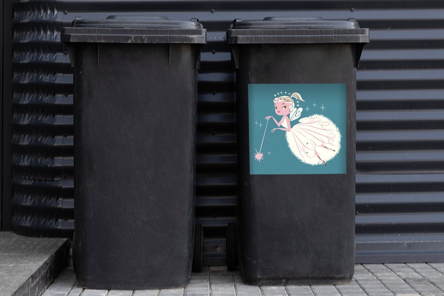 (1 St), Sticker, MuchoWow Mülltonne, auf Mülleimer-aufkleber, Eine Wandsticker Container, Illustration einer Hintergrund Abfalbehälter blauem Fee