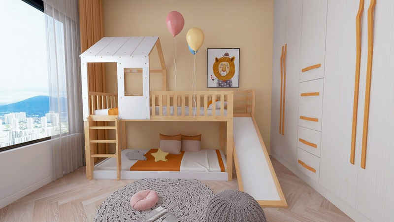 Sweiko Etagenbett (Kinderbett mit Rausfallschutz), Hausbett mit Leiter und Rutsche, 90*200cm
