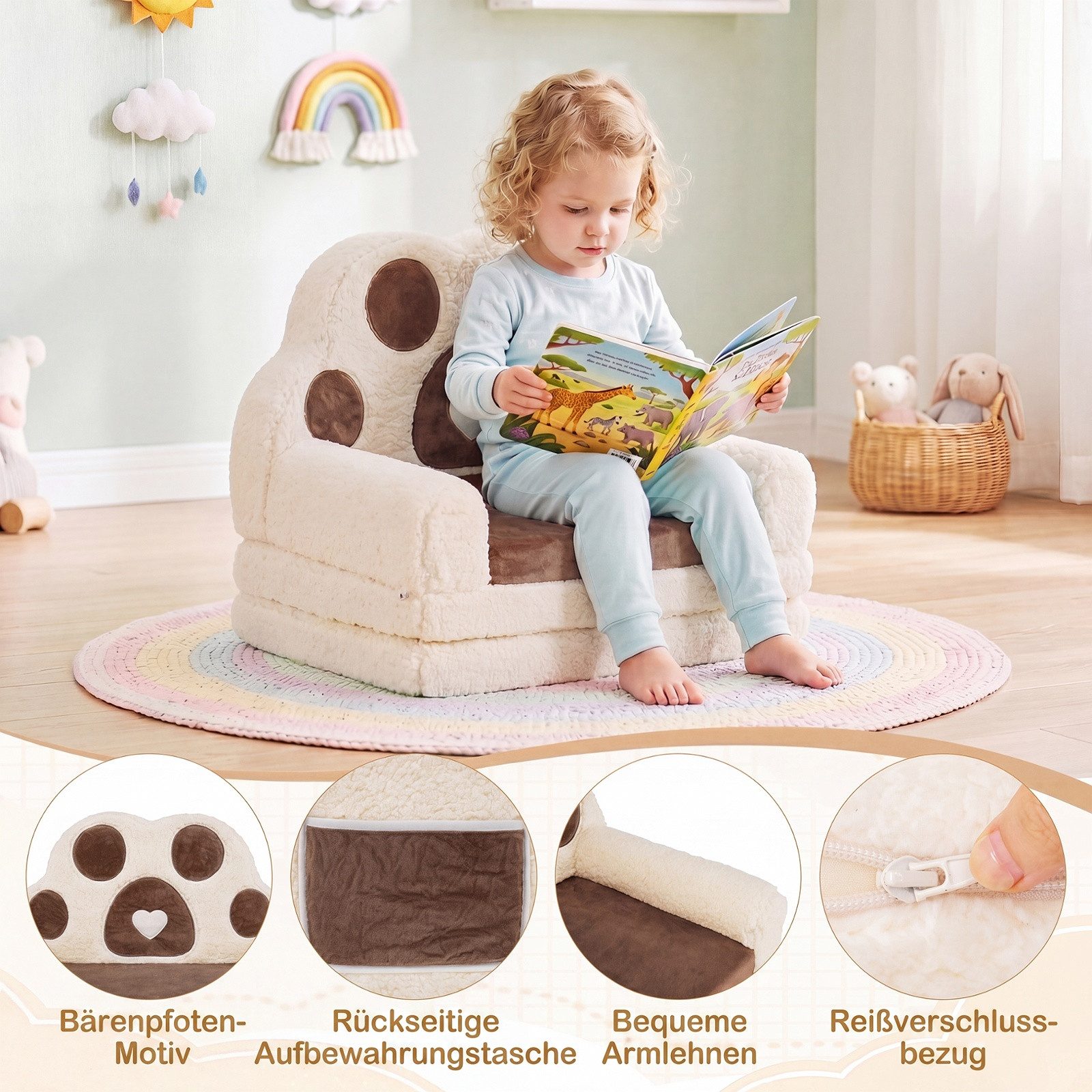COSTWAY Kindersofa 2 in 1 Kindersessel, Ausklappbar in Bärentatzen Form, Spielsofa, Kindercouch – Bild 4 von 5