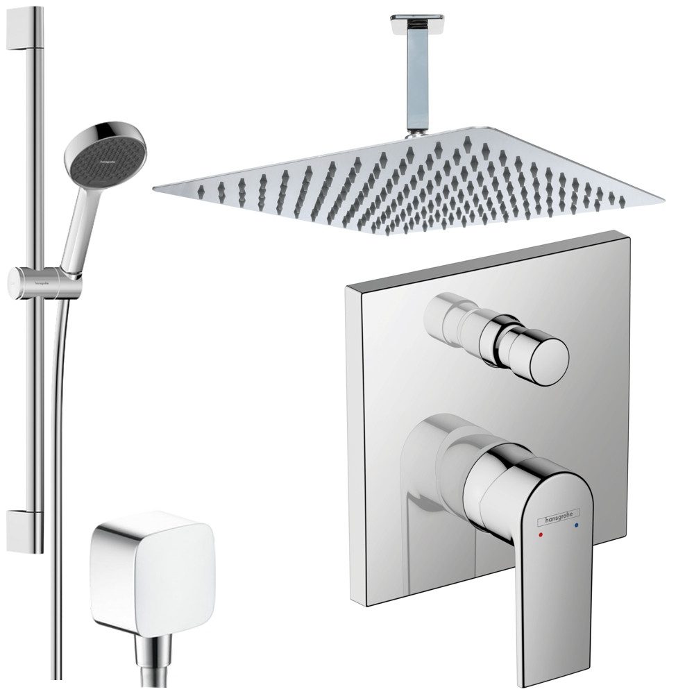 Hansgrohe und Jowi Duscharmatur Vernis Shape, Unterputz Duschsystem, Regendusche mit Deckenanschluss (Unterputz-Duschsystem) Kopfbrause und Deckenanschluss aus Edelstahl