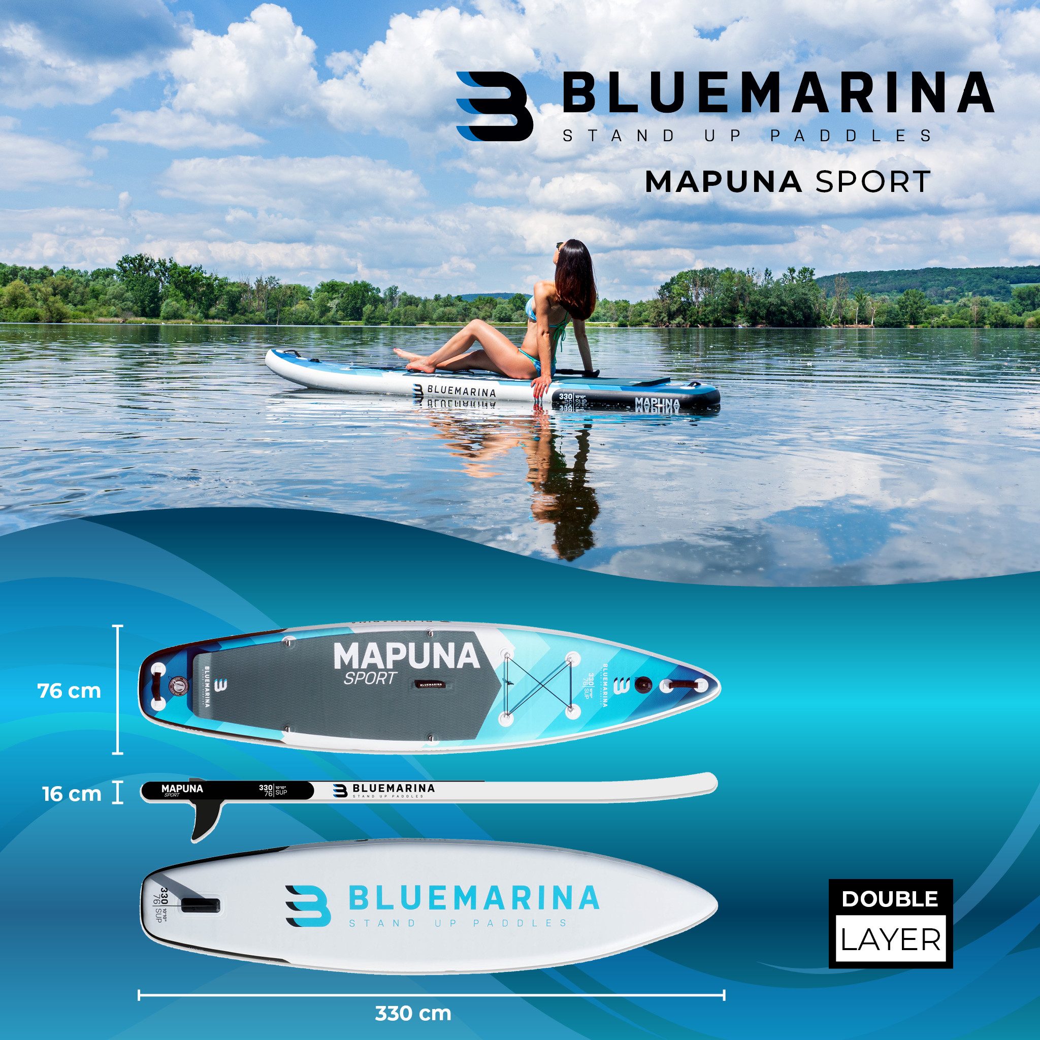 Bluemarina SUP-Board Mapuna Standuppaddle aufblasbar inkl. 5 J. Garantie, aufblasbar, (SUP aufblasbar, SUP Anfänger, Stand Up Paddel Board 200 kg, 3 tlg., Stand Up Paddle, SUP Board, Stand Up Paddel Board), Surfbrett, Surfboard aufblasbar