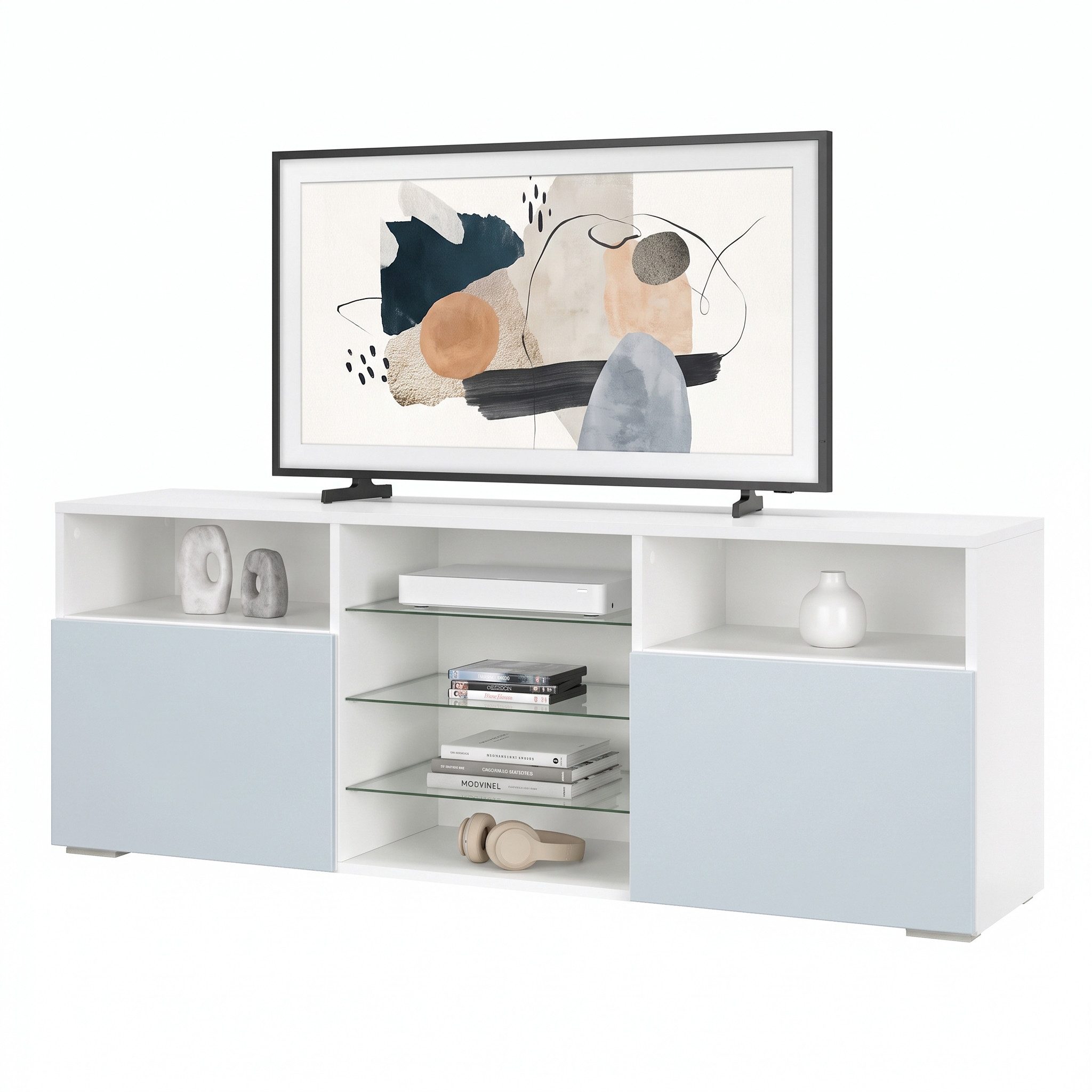 Vladon Lowboard Granada (TV-Kommode, mit 2 Türen und 6 offenen Fächern), Weiß matt, Denim matt