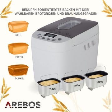 Arebos Brotbackautomat, mit 15 Programmen, 2 Knethaken, Timer, LCD Display, 15 Programme, 850 W, 3 Brotgrößen (1000/1250/1500 g)