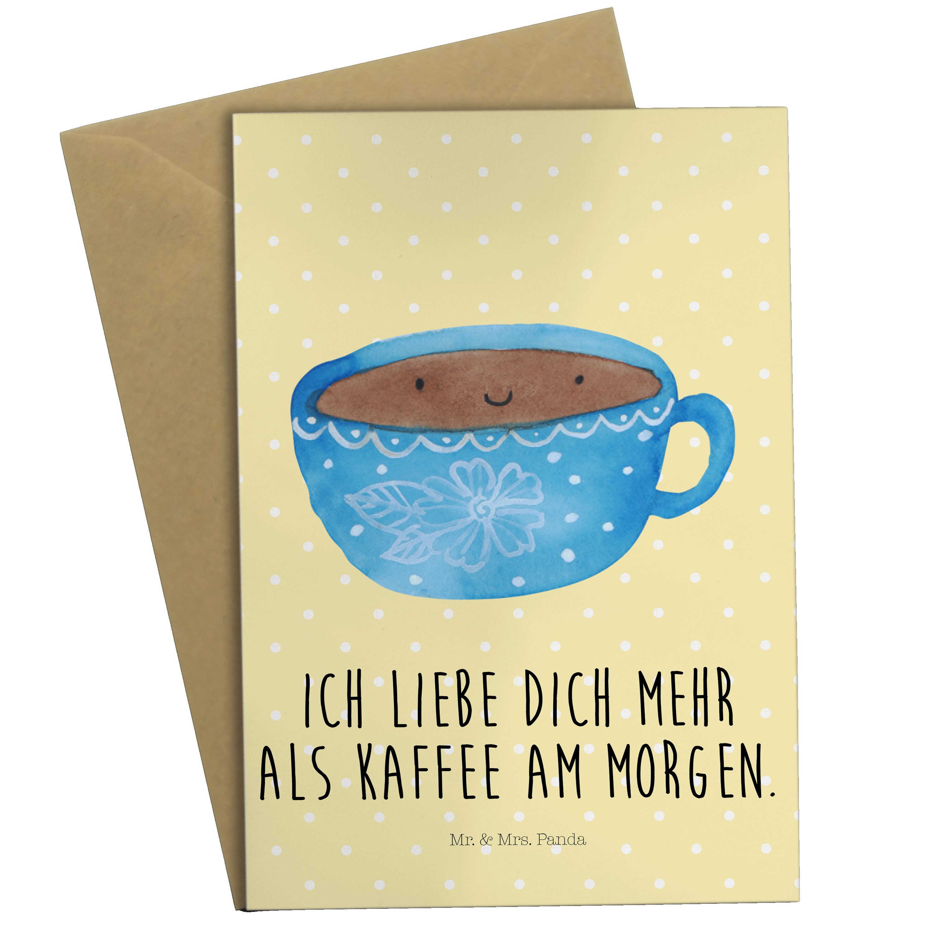Mr. & Mrs. Panda Grußkarte Kaffee Tasse - Gelb Pastell - Geschenk, Hochzeitskarte, Liebe, Karte | Grußkarten