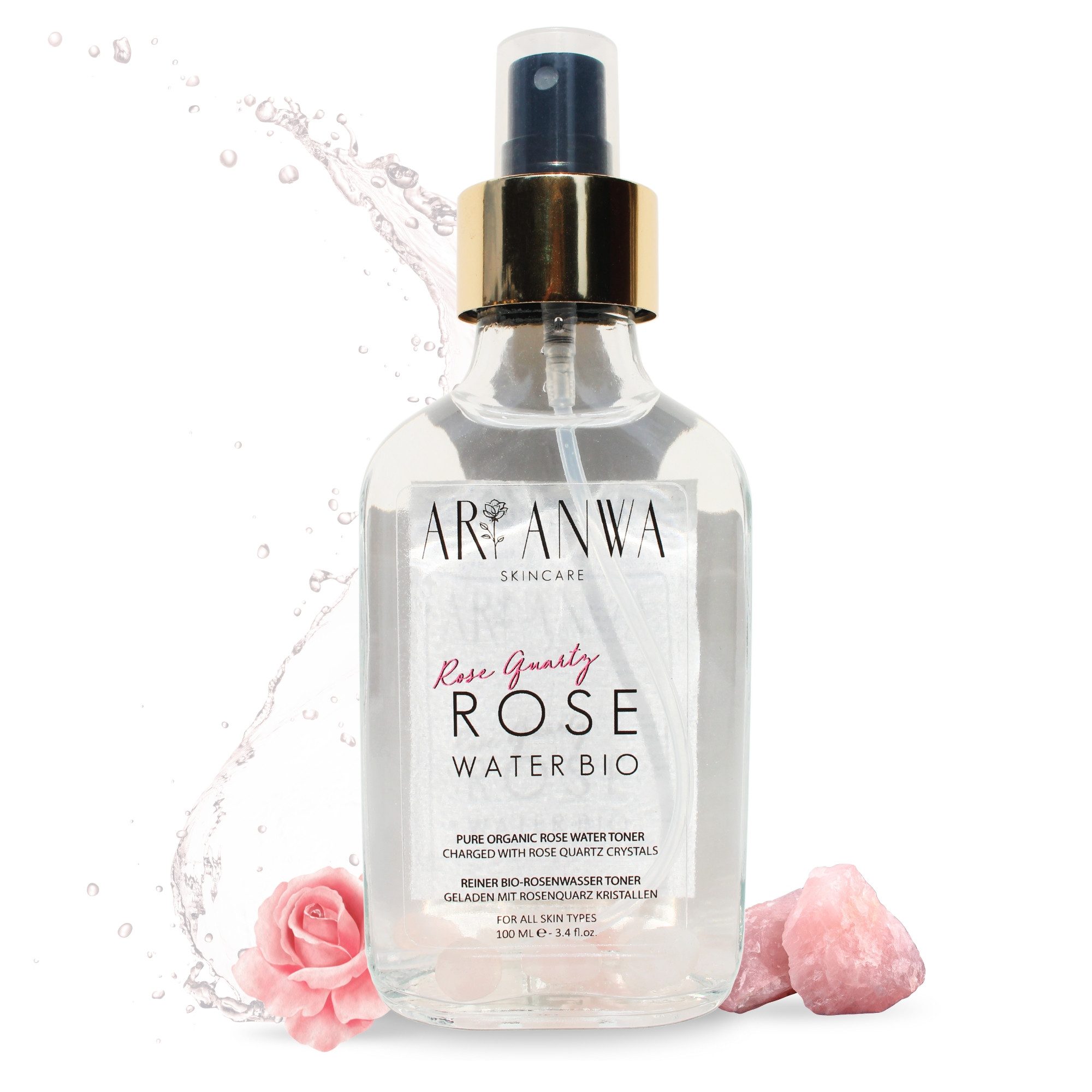 ARI ANWA Skincare Gesichtswasser Bio Rosenwasser Spray mit Rosenquarz, Gesichts- und Körperspray, Natürlich, bio, vegan, tierversuchsfrei, frei von Alkohol