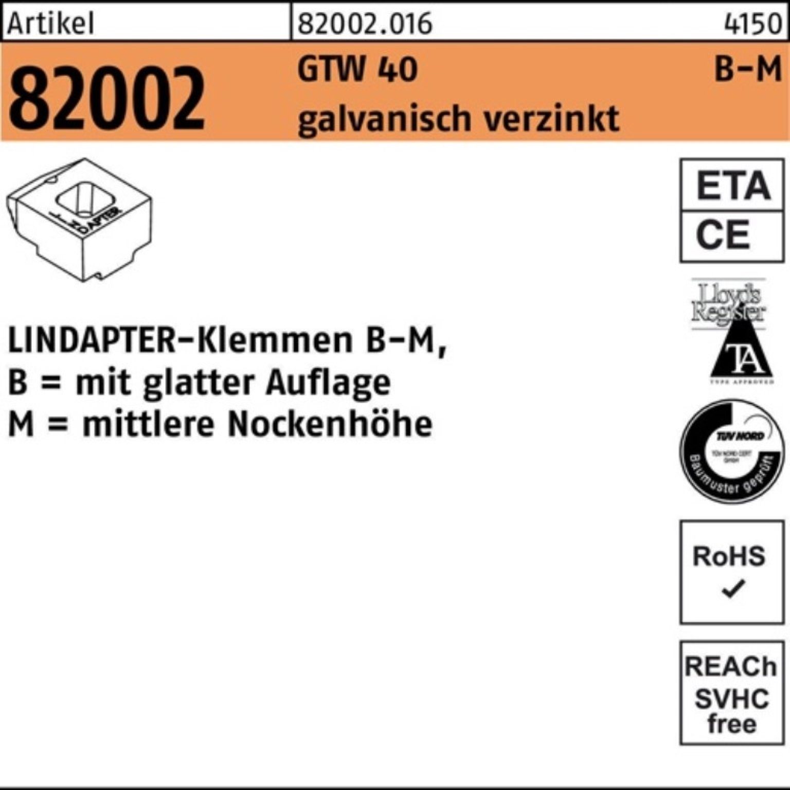 Lindapter Klemmen 100er Pack Klemmen R 82002 GTW 40 MM 8/4,0 galv.verz. 1 Stück LINDAPT
