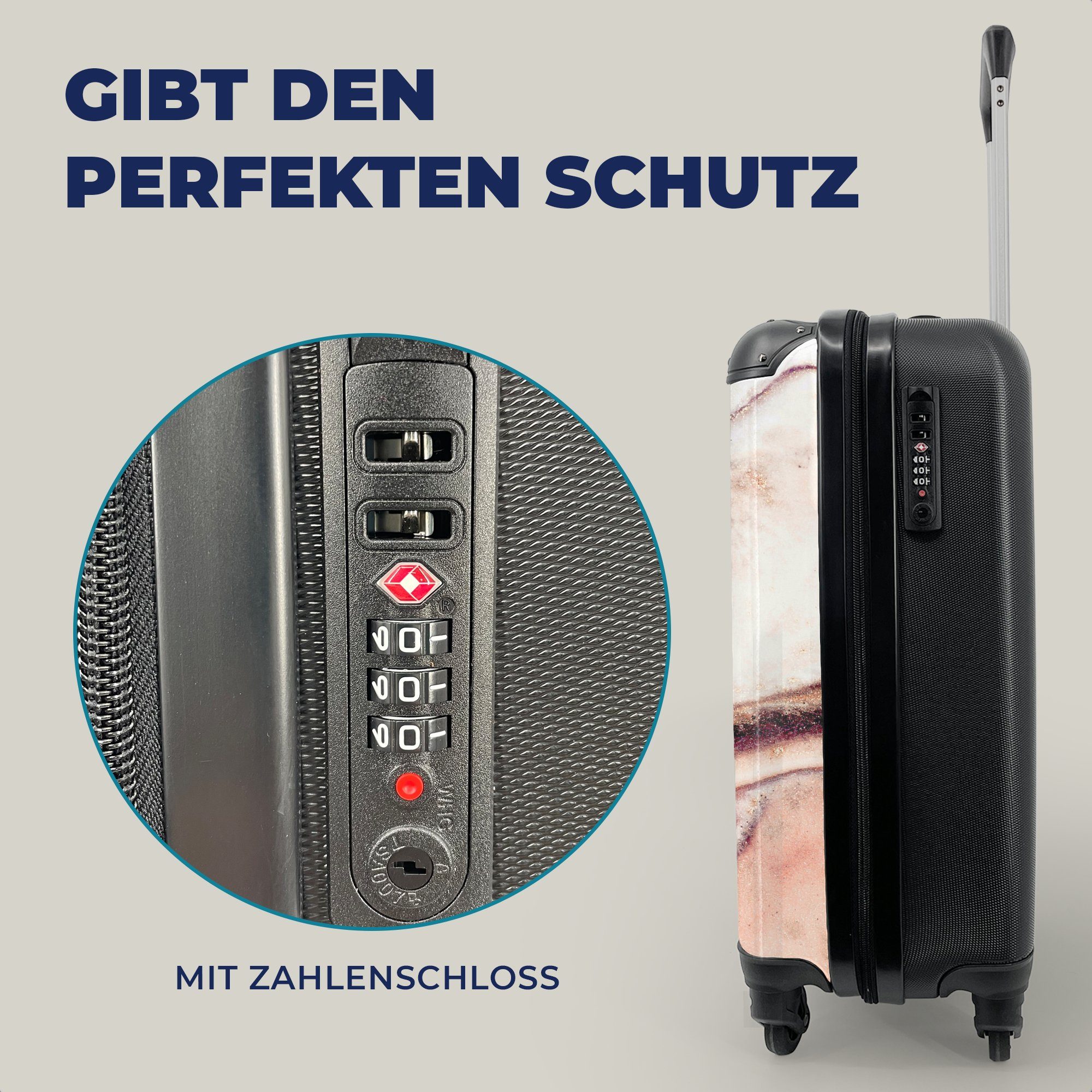 MuchoWow Handgepäckkoffer Stein - Abstrakt Trolley, Ferien, Rollen, für - Reisetasche - Marmor Reisekoffer - Handgepäck mit Edelstein - Rosa, Natur rollen, 4