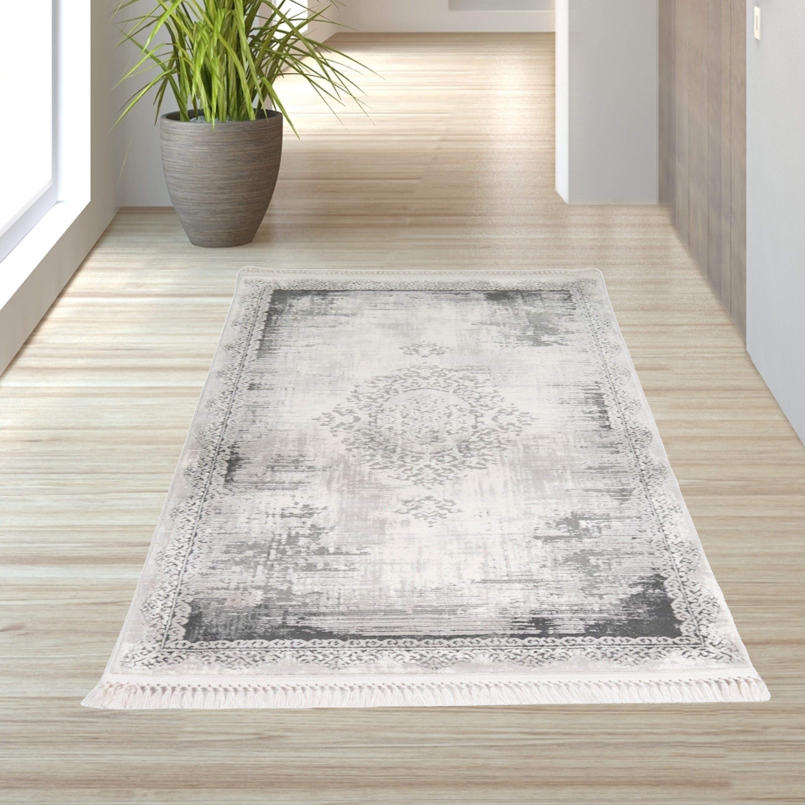 TeppichHome24 Teppich Wollteppich mit Verzierungen & Fransen in grau, recht günstig online kaufen