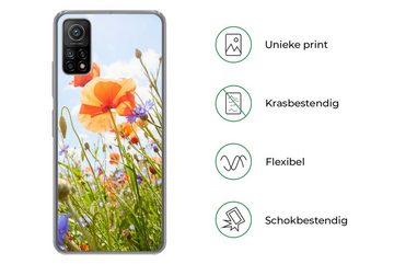 MuchoWow Handyhülle Blumen - Mohn - Frühling - Natur - Rot - Blau, Phone Case, Handyhülle Xiaomi Mi 10T, Silikon, Schutzhülle