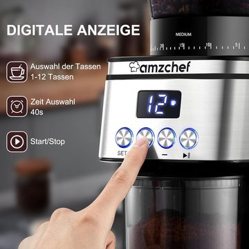 AMZCHEF Kaffeemühle CE-AZ-BG70OT9S-SV, 160,00 W, 300,00 g Bohnenbehälter, 12 Tassen,30Mahlgrad Einstellbar.300g
