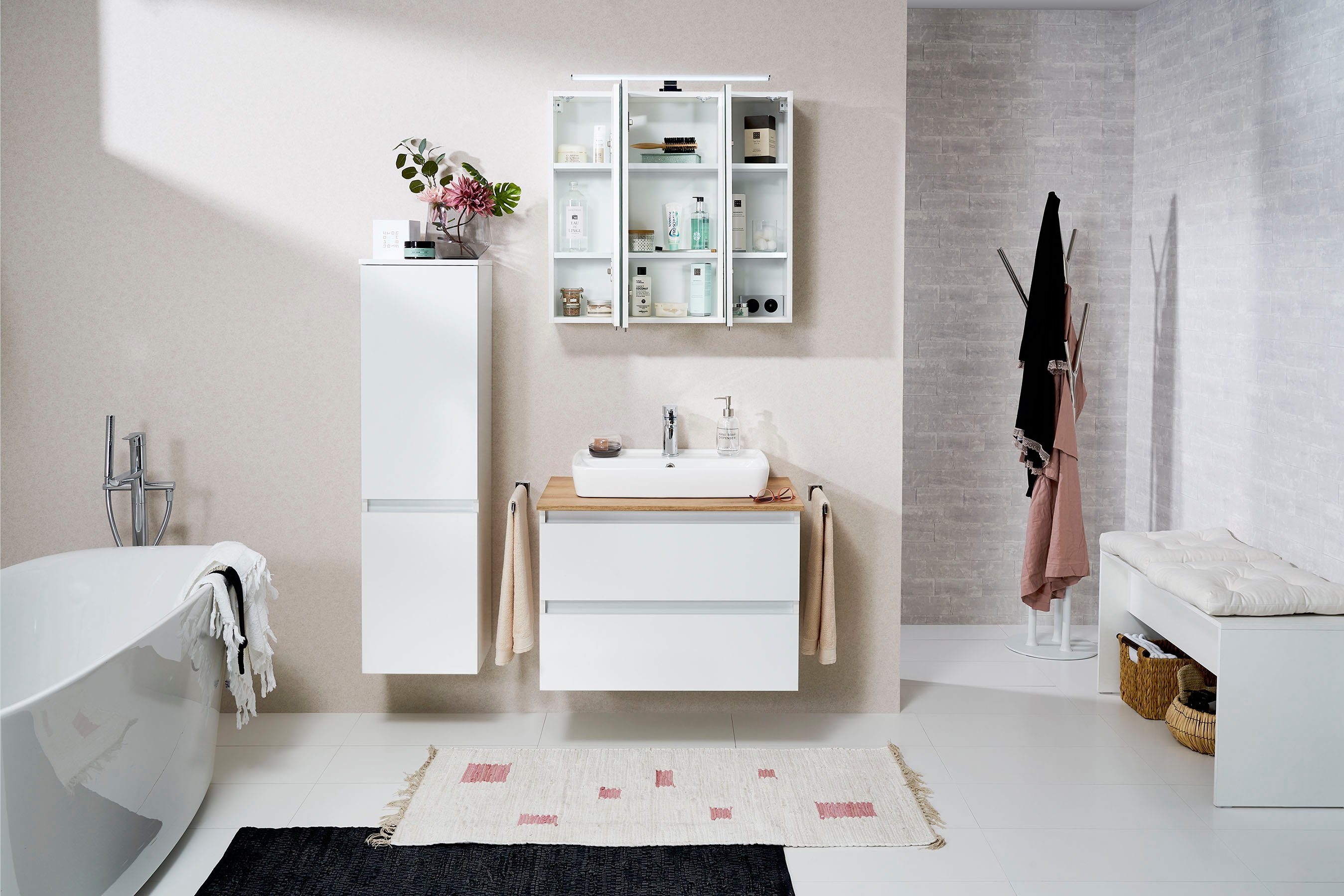 Saphir Waschtisch Quickset 360 Waschplatz mit Keramik-Aufsatzbecken, wandhängend, Waschtischplatte, 78 cm breit, Weiß Glanz, 2 Schubladen – Bild 2 von 5