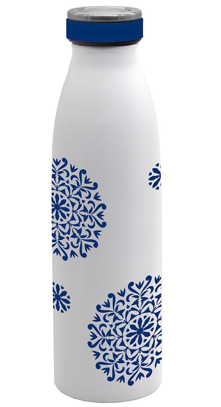 Geda Labels GmbH Isolierflasche Classic Blue Ornament, Weiß, 500 ml, doppelwandig, vakuum isoliert