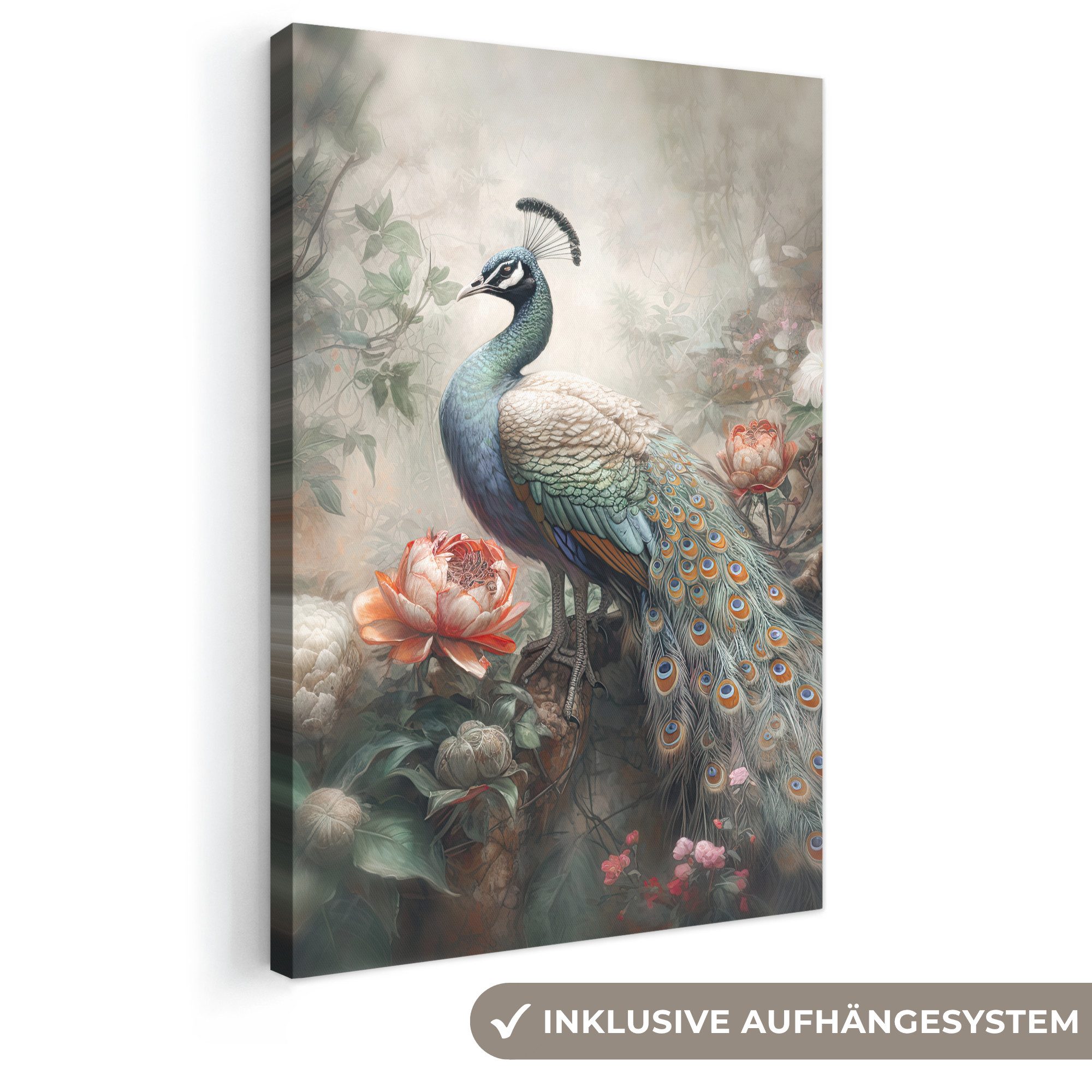 OneMillionCanvasses® Leinwandbild Pfau - Pfauenfedern - Vogel - Dschungel - Blumen, Fotodruck (1 St), Leinwand Canvas Wandbild, Wanddekoration 20x30 cm