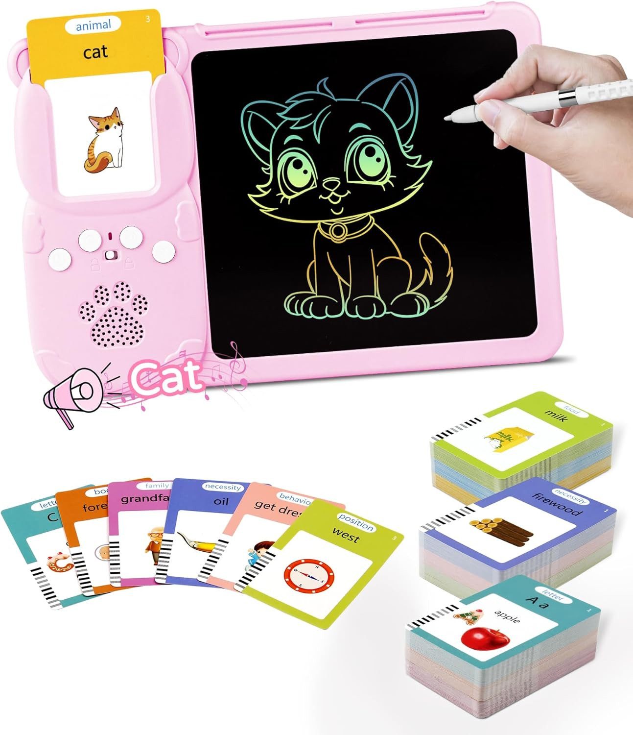 Fyrove Lernspielzeug Sprechende Lernkarten für Kinder, 510 Wörter Deutsch & Englisch,Rosa (Montessori Lernspielzeug mit LCD Schreibtablett, Geschenk ab 2 Jahren), 2-in-1 Sprachlernspielzeug zum Lesen, Schreiben und Lernen