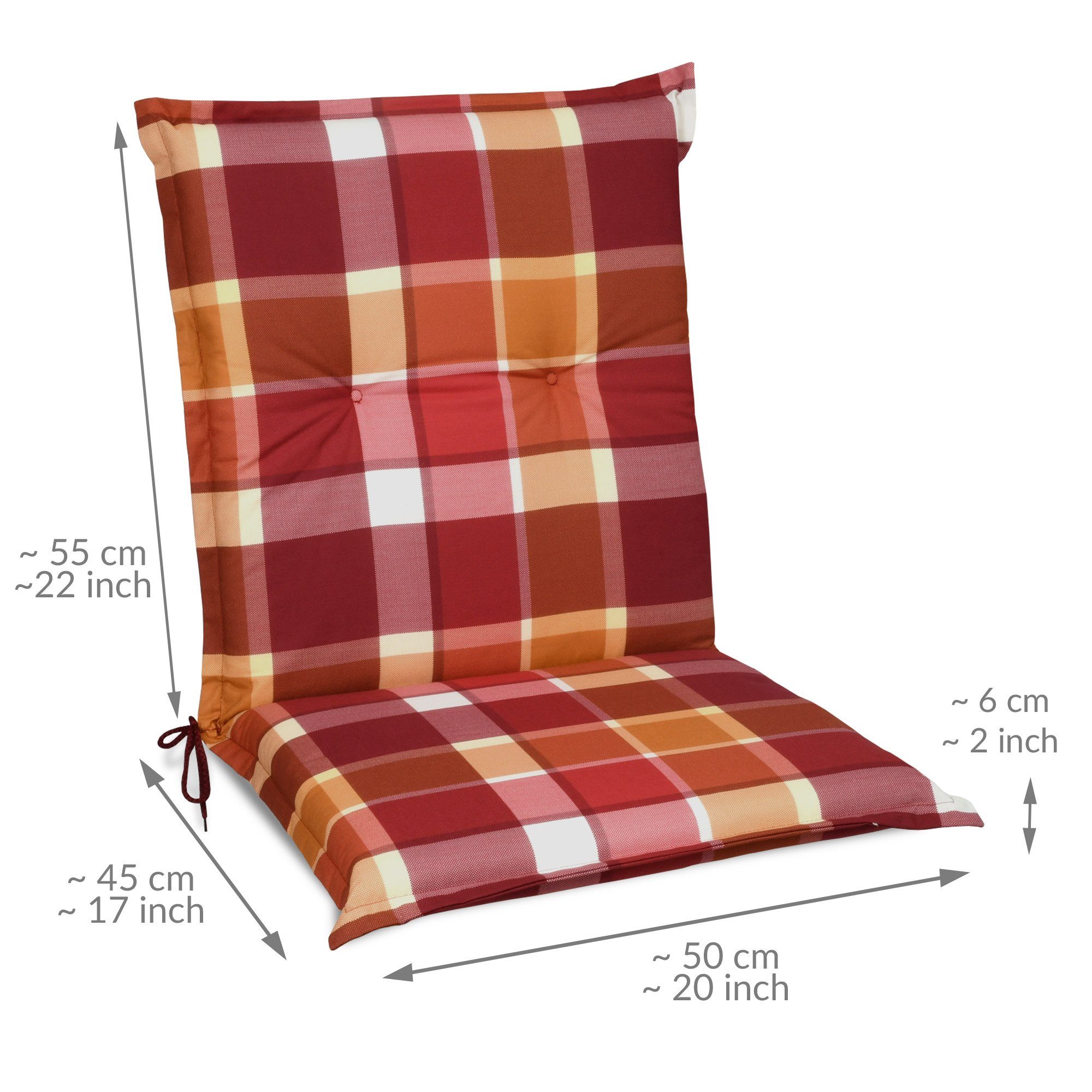 Beautissu Sitzauflage 8er Set Sunny RO Niedriglehner Auflagen 100x50 cm in Rot Kariert, Bequeme Gartenstuhl Stuhlkissen Polsterauflagen mit UV-Lichtecht