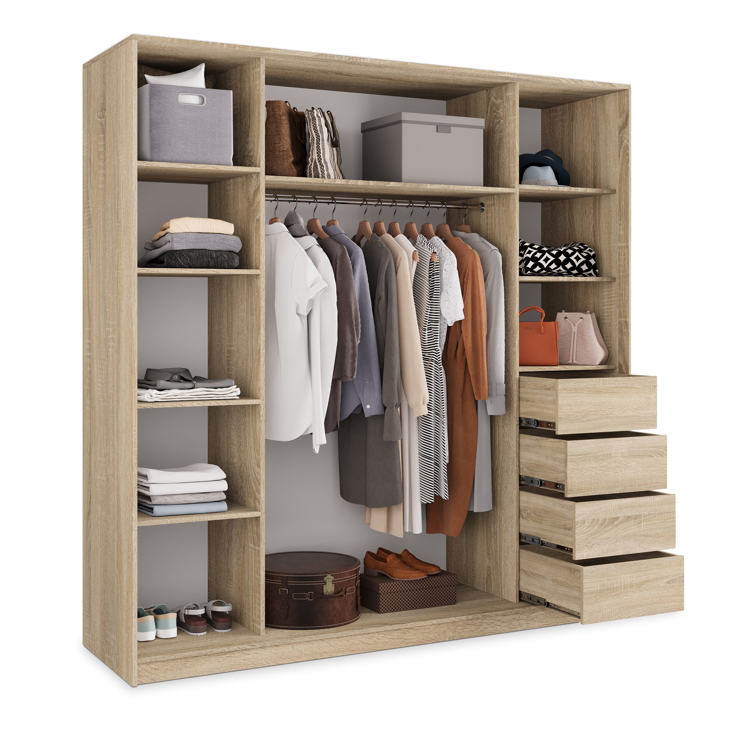 Masseno Schwebetürenschrank PINA 180 cm Kleiderschrank mit Spiegel 3 Türen Eiche Sonoma
