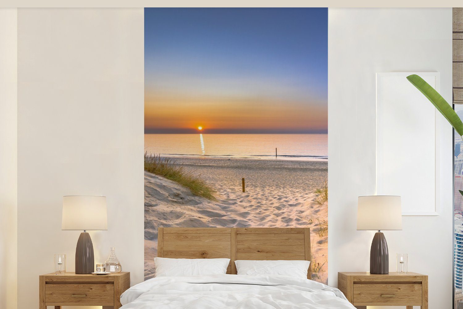 MuchoWow Fototapete Düne - Sonnenuntergang - Horizont - Strand - Gras, Matt, bedruckt, (2 St), Vliestapete für Wohnzimmer Schlafzimmer Küche, Fototapete