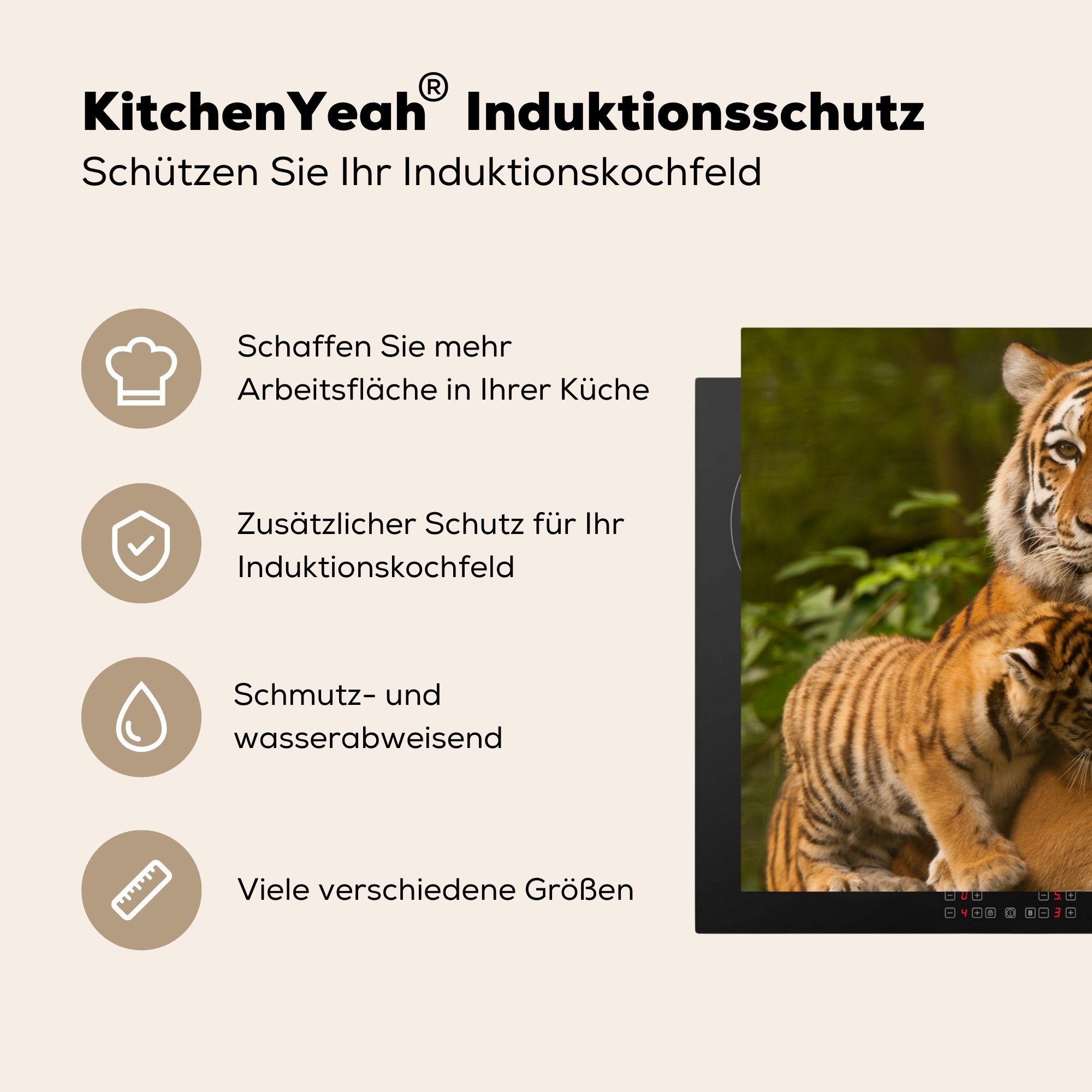 MuchoWow Herdblende-/Abdeckplatte Tiger für küche, Jungtiere cm, tlg), 81x52 (1 - Ceranfeldabdeckung die - Natur, Schutz Vinyl, Induktionskochfeld
