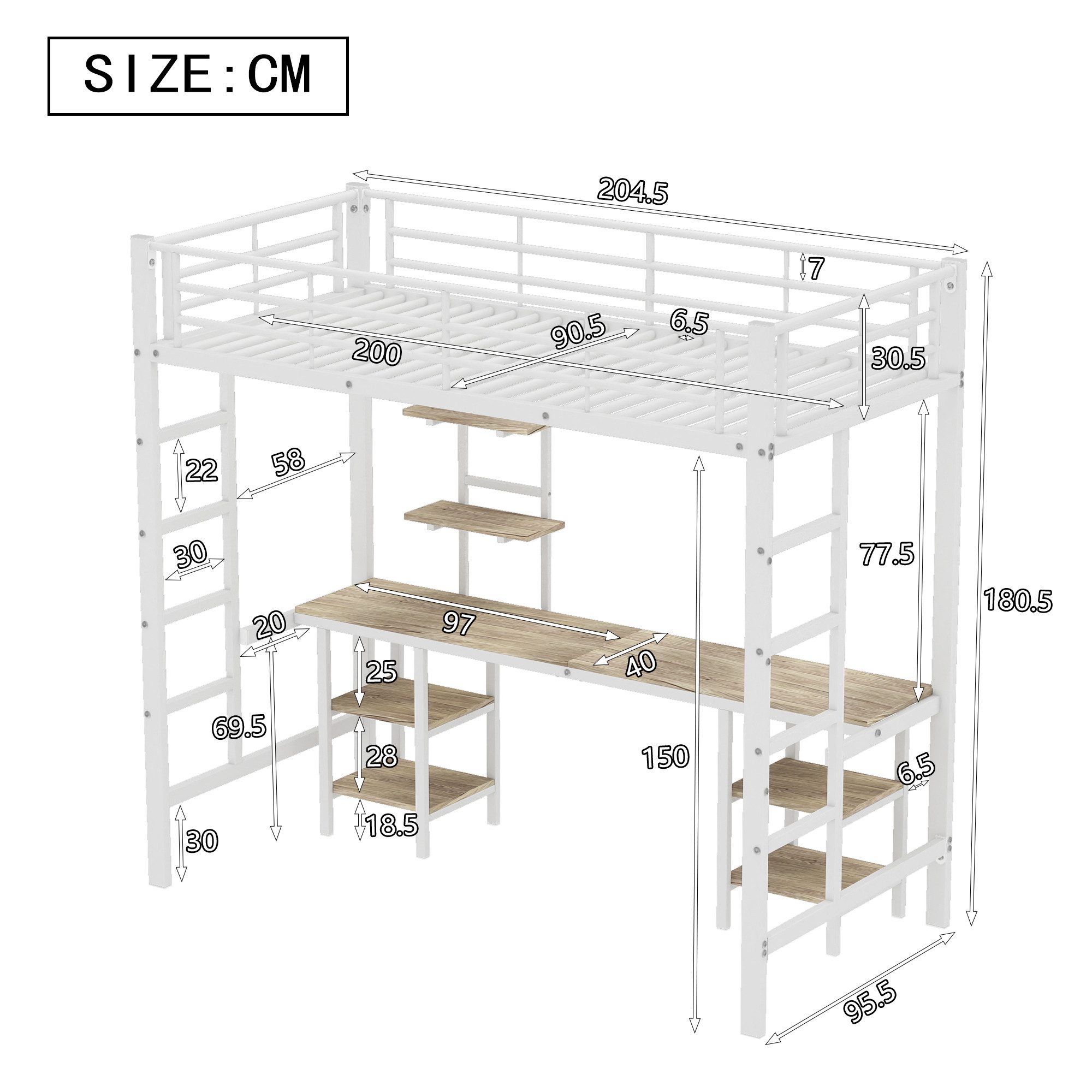 Merax bunk bed with desk and 3 bookshelves, iron bed, loft bed 90x200cm
