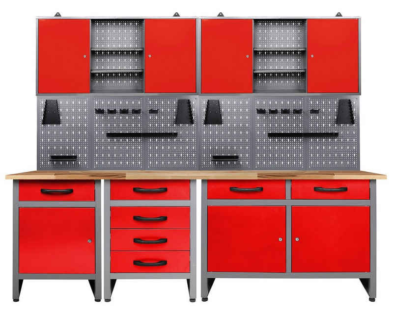 ONDIS24 Werkstatt-Set Werkstatt Set Bastler 240 cm Werkzeugschränke Lochwand, ca. 240 x 60 x 205 cm, abschließbare Türen, kugelgelagerte Schubladen
