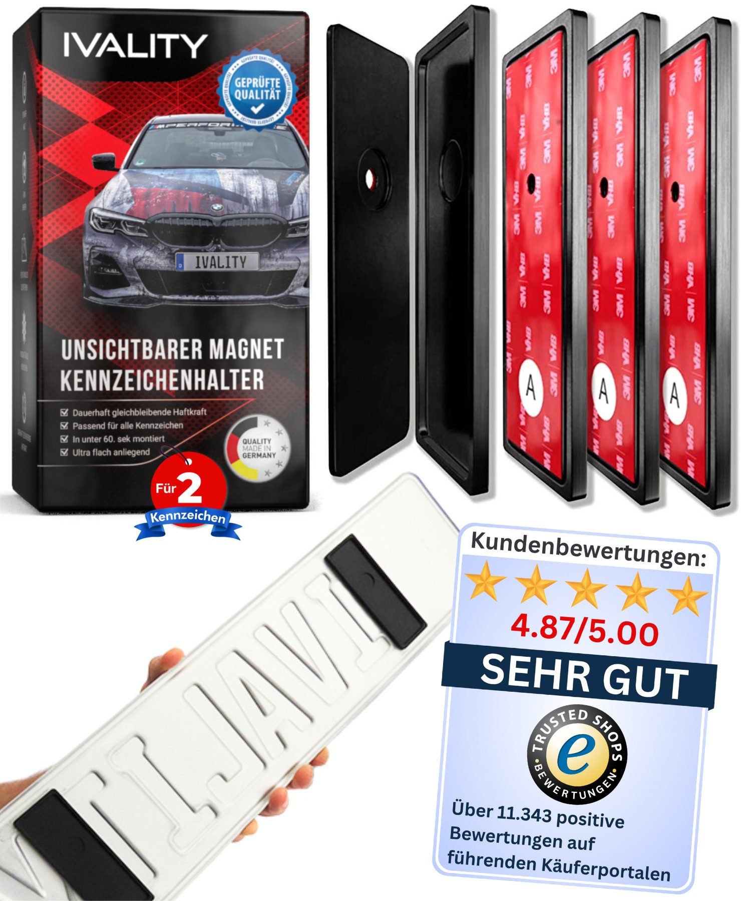 IVALITY Kennzeichenhalter IVALITY® Magnet Kennzeichenhalter Rahmenlos für 2 Kennzeichen, (2-St)