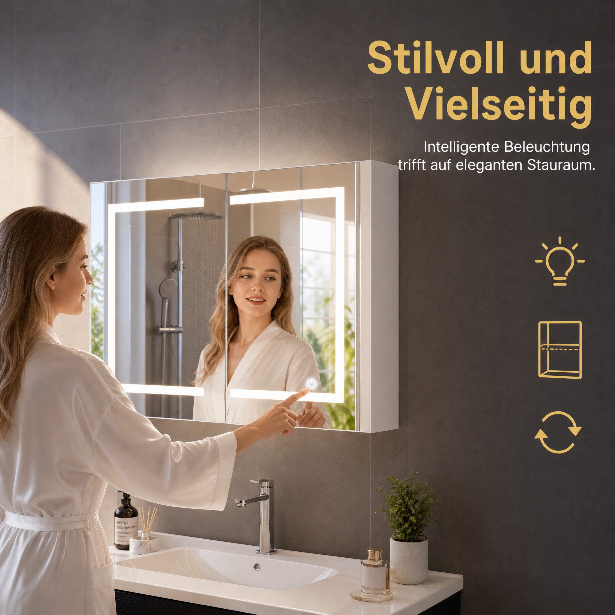 Simurq Badezimmerspiegelschrank Spiegelschrank Bad Mit LED Beleuchtung Und Ablage, Hängeschrank (Set, Badspiegel mit verstellbaren Regalen) 3 Farbtemperatur Dim – Bild 4 von 5