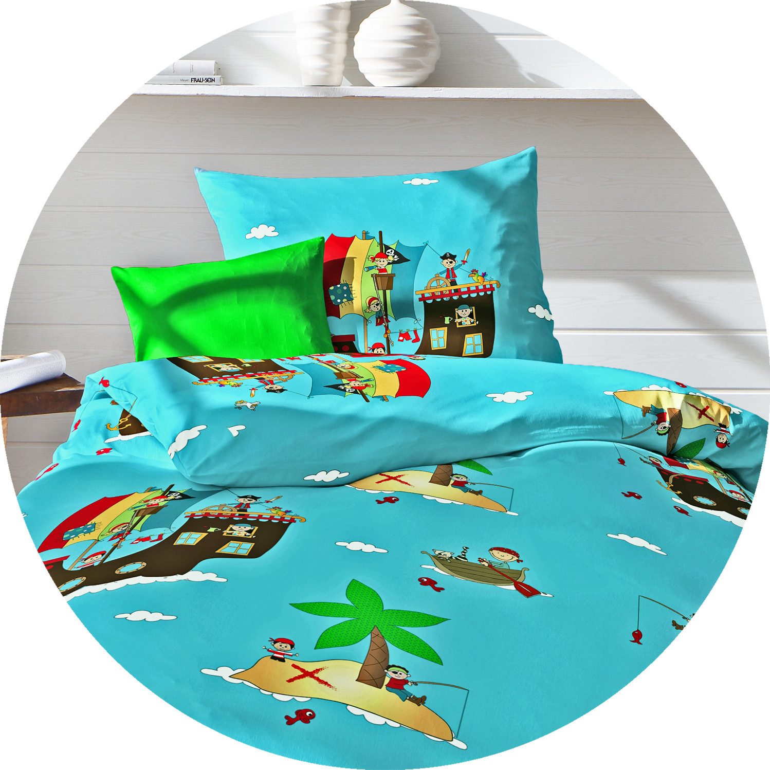 JACK Babybettwäsche 100x135cm Piratenschiff Pirat Schatz Fleuresse, Biber, 2 teilig, Babybettwäsche für kleine Piraten und Abenteurer – Bild 4 von 5
