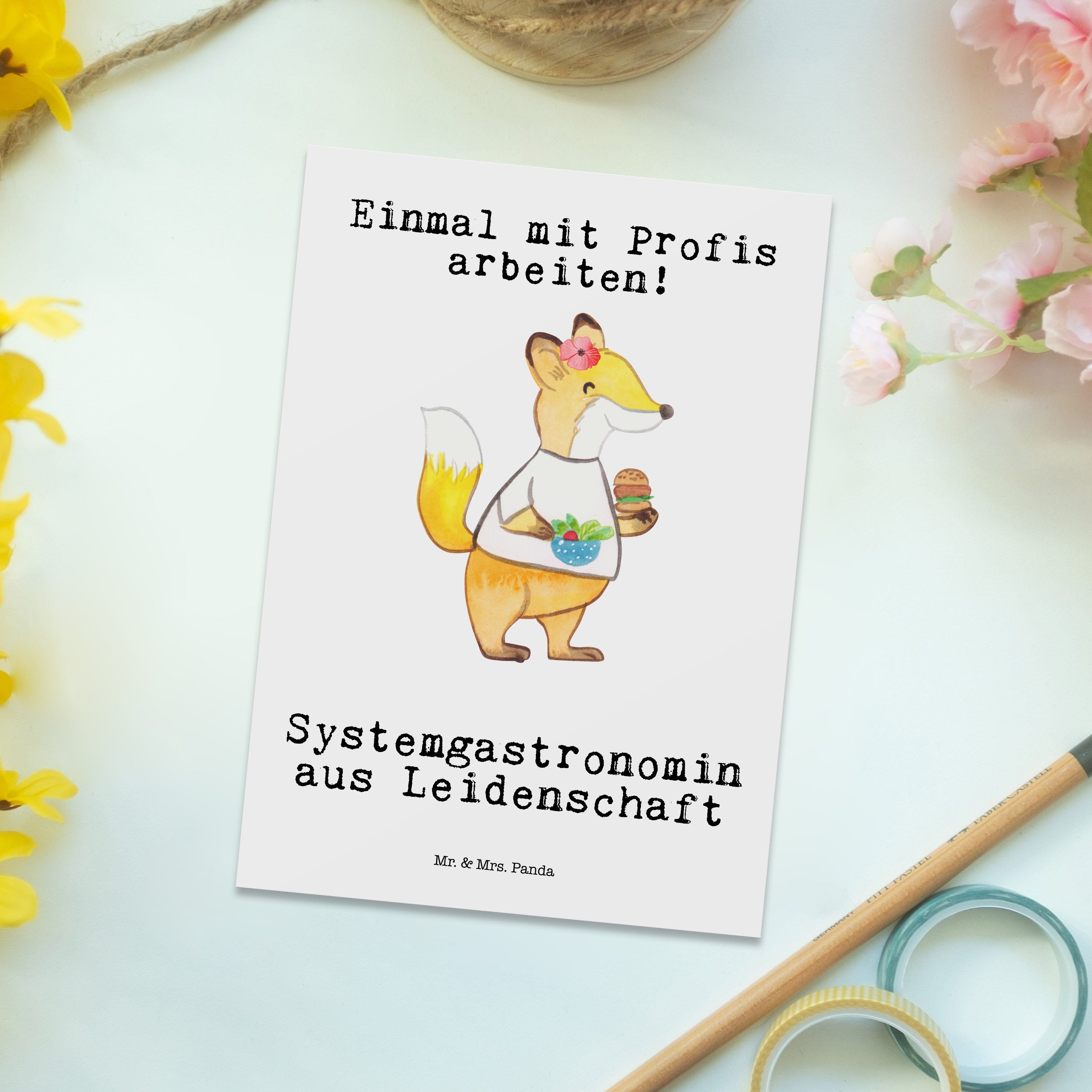 Panda - Systemgastronomin Postkarte - aus Mrs. Geschenk, Einladung, Mr. Weiß Kart & Leidenschaft