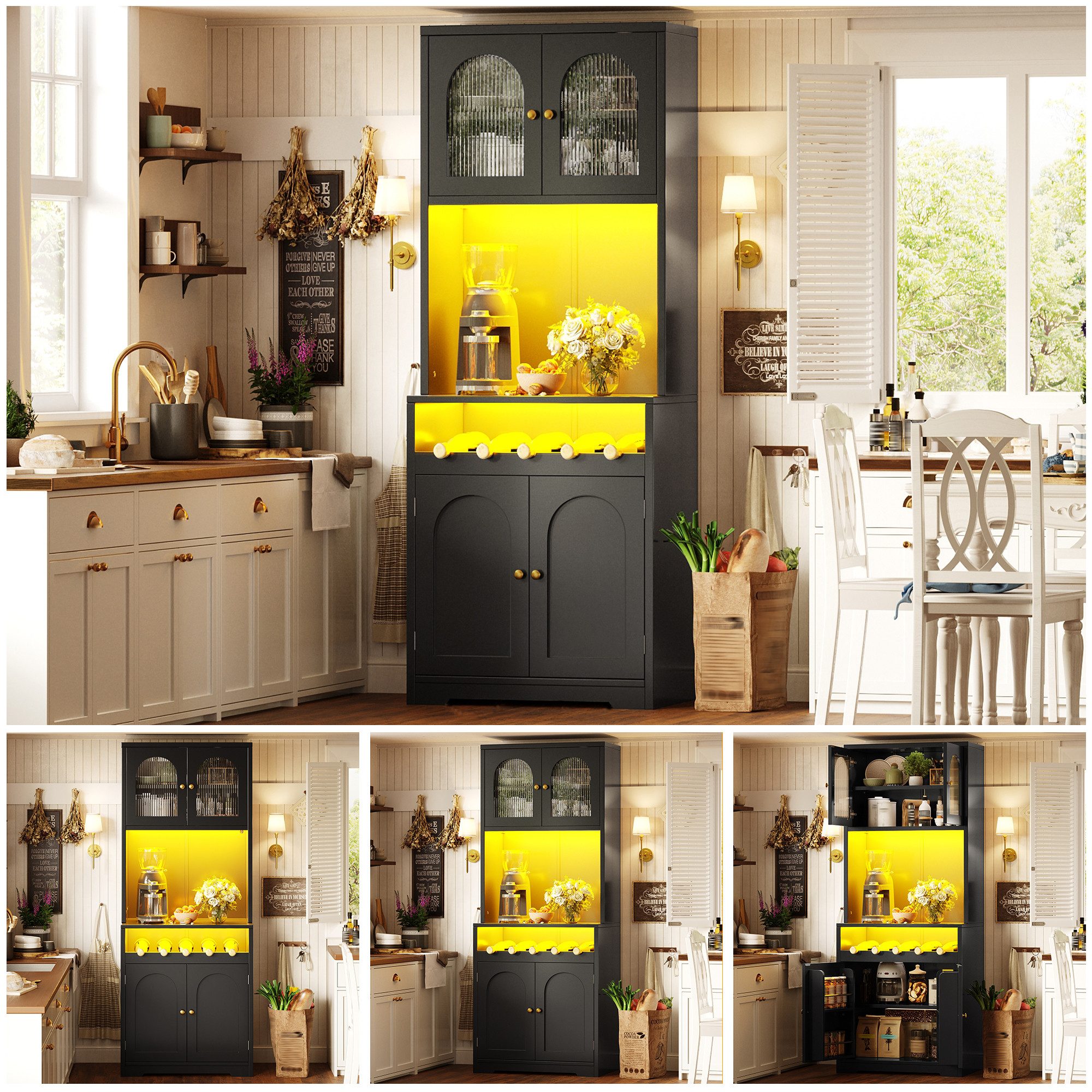 Fine Life Pro Sideboard Hochbuffetschrank schwarz, 180 cm, RGB-LED per App, Glasbögen