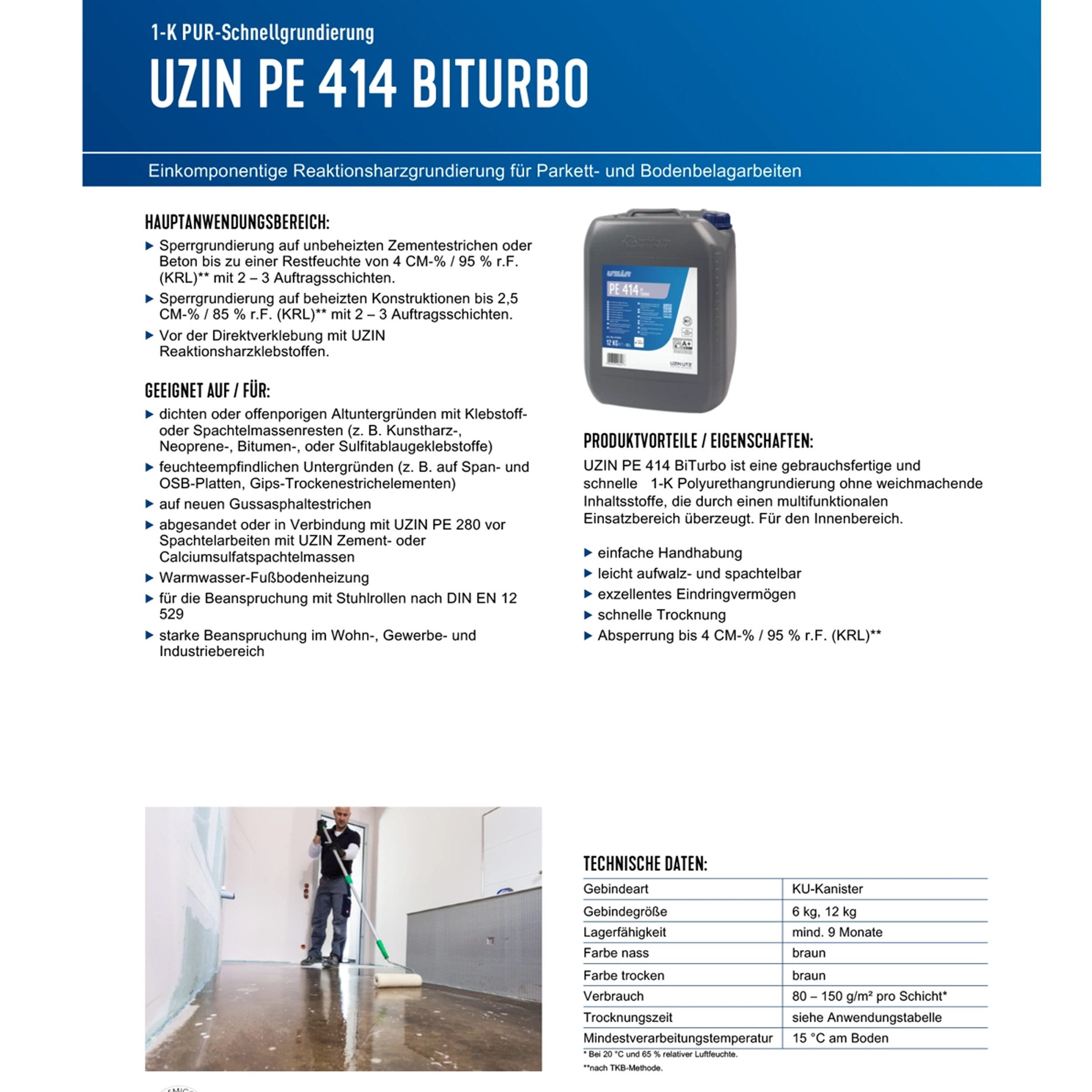 Uzin Grundierfarbe UZIN PE 414 BiTurbo 12 kg 1K PUR-Schnellgrundierung Parkett