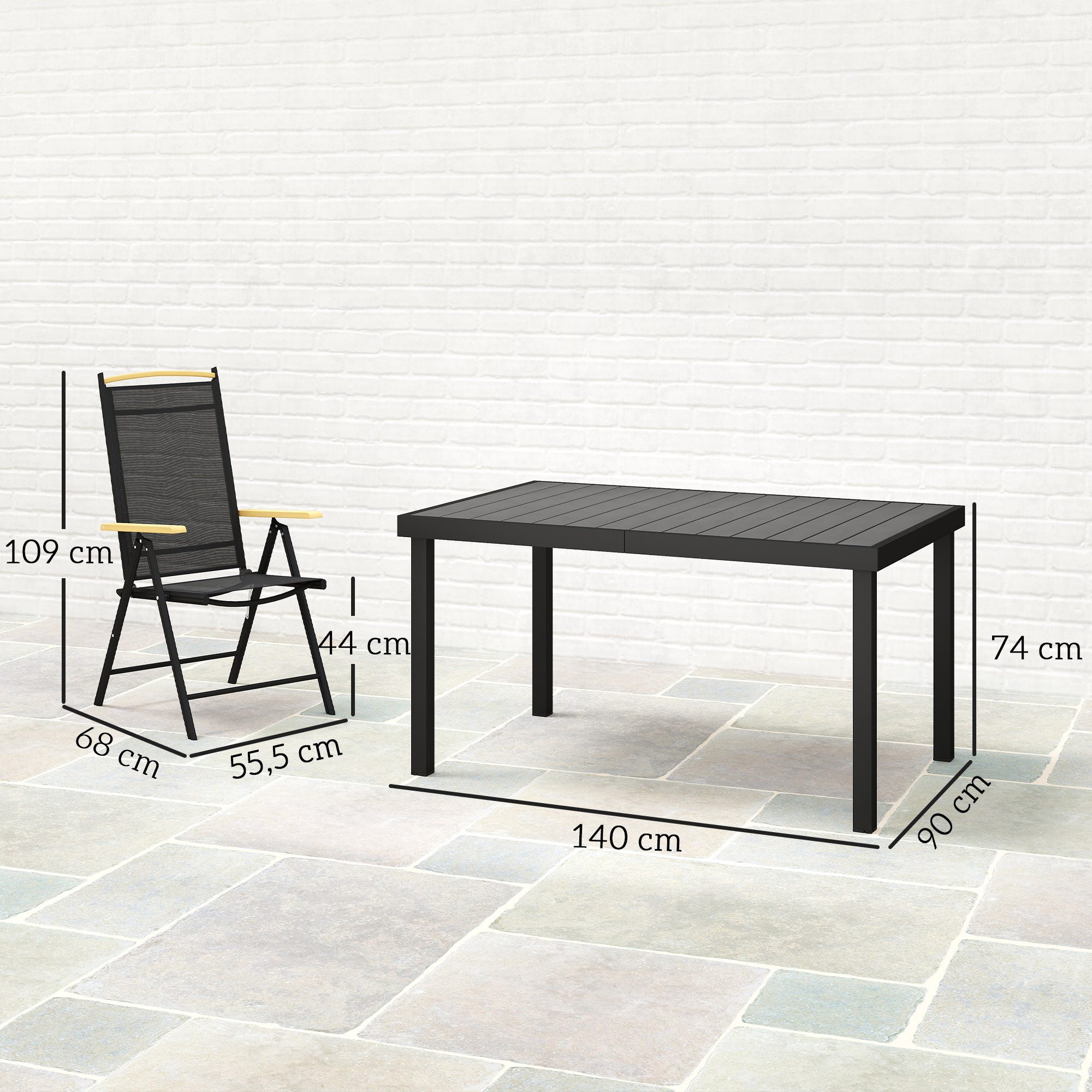Outsunny Garten-Essgruppe Sitzgruppe klappbar 7tlg. 1 Tisch+6 Stühle Gartenmöbel Set, (Balkonmöbel, 7-tlg., Balkonset), Schwarz 140L x 90B x 74H cm