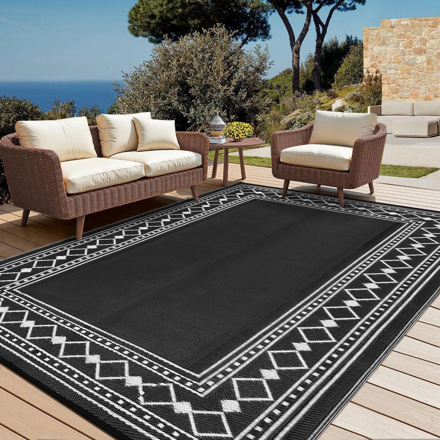 LuxusKollektion Outdoorteppich Outdoor-Teppich Diamond Schwarz/Weiß 180x270cm, rechteckig, Höhe: 10 mm