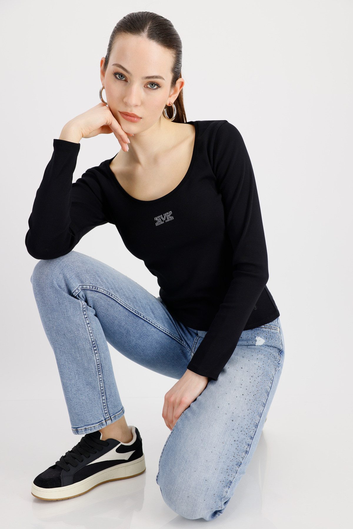 Monari Langarmshirt Shirt Rippe Schmuck Mit weitem Rundhalsausschnitt