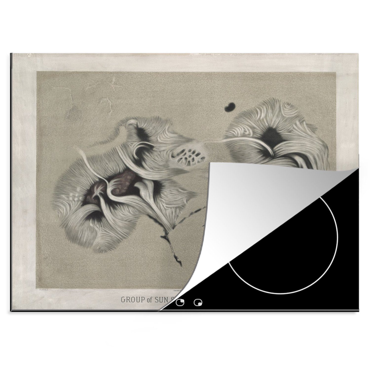 MuchoWow Herdblende-/Abdeckplatte Sonnenflecken - Gemälde von Étienne Léopold Trouvelot, Vinyl, (1 tlg), 70x52 cm, Mobile Arbeitsfläche nutzbar, Ceranfeldabdeckung