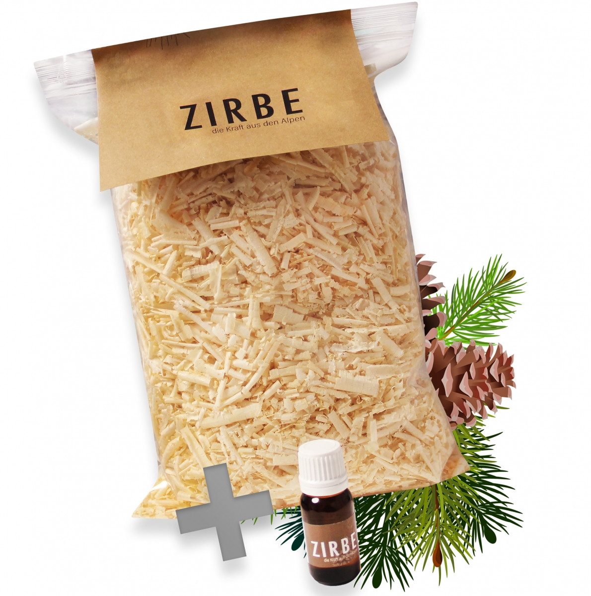 Heubergshop Zirbenkissen, Nachfüllpack 125g + 10ml Zirbenöl - Set Zirbenspäne